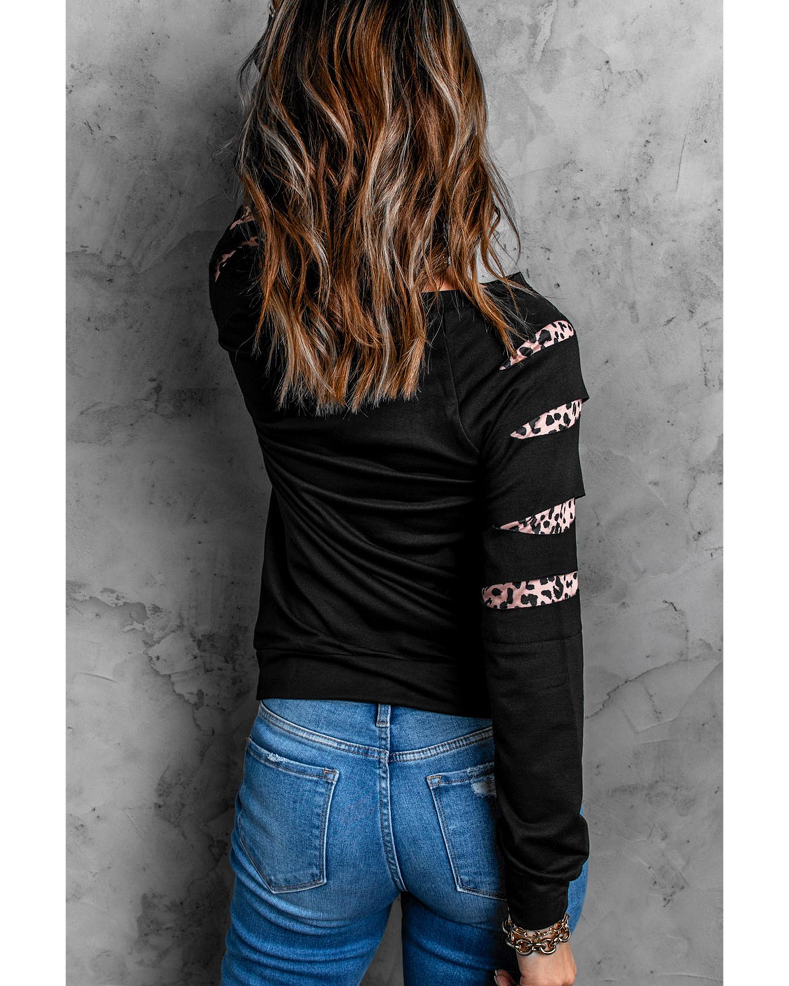 V539-AZEXDC25315252-2-L-202508291815-00 Black Leopard PUMPKIN SEASON Graphic Ripped Sleeve Sweatshirt - L - Image 1