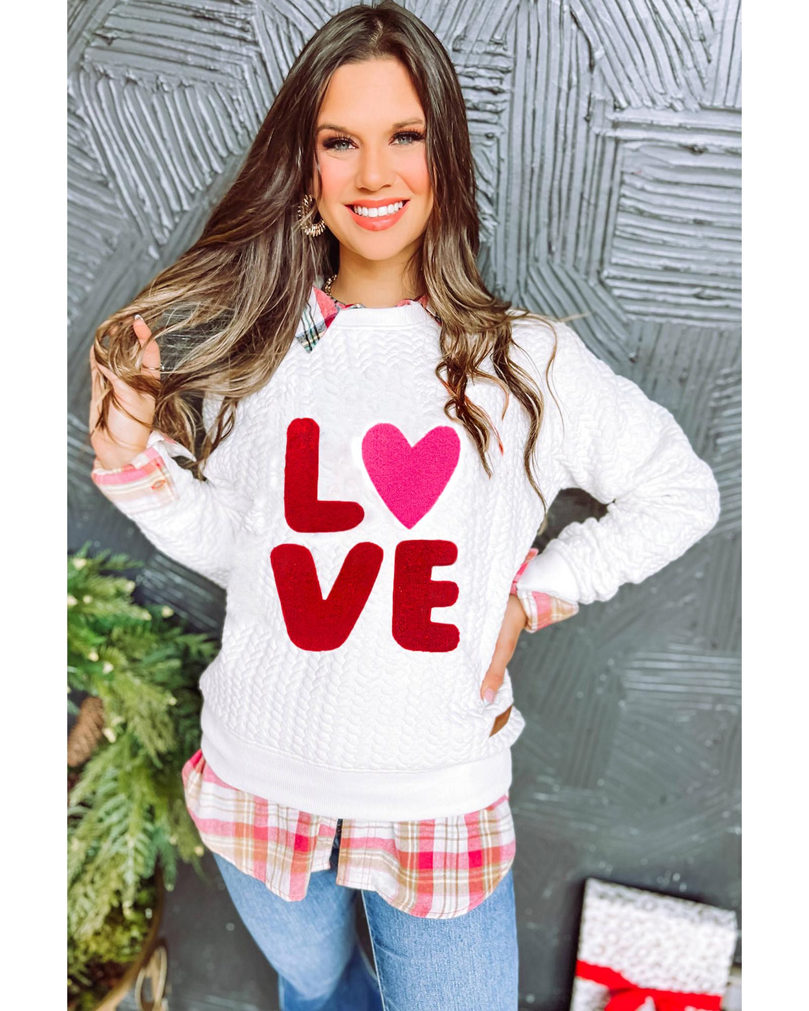 V539-AZEXDC25315291-P101-S-202506130006-00 White LOVE Chenille Embroidered Cable Knit Pullover Sweatshirt - S - Image 1