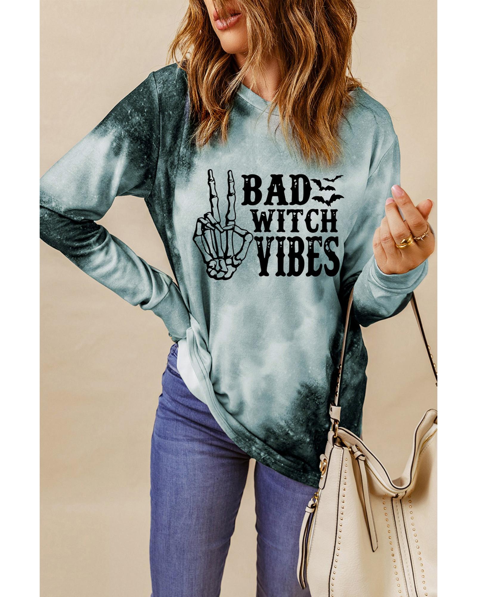 V539-AZEXDC25315335-11-L-202508271840-00 Gray Tie Dye BAD WITCH VIBES Graphic Long Sleeve Top - L - Image 1