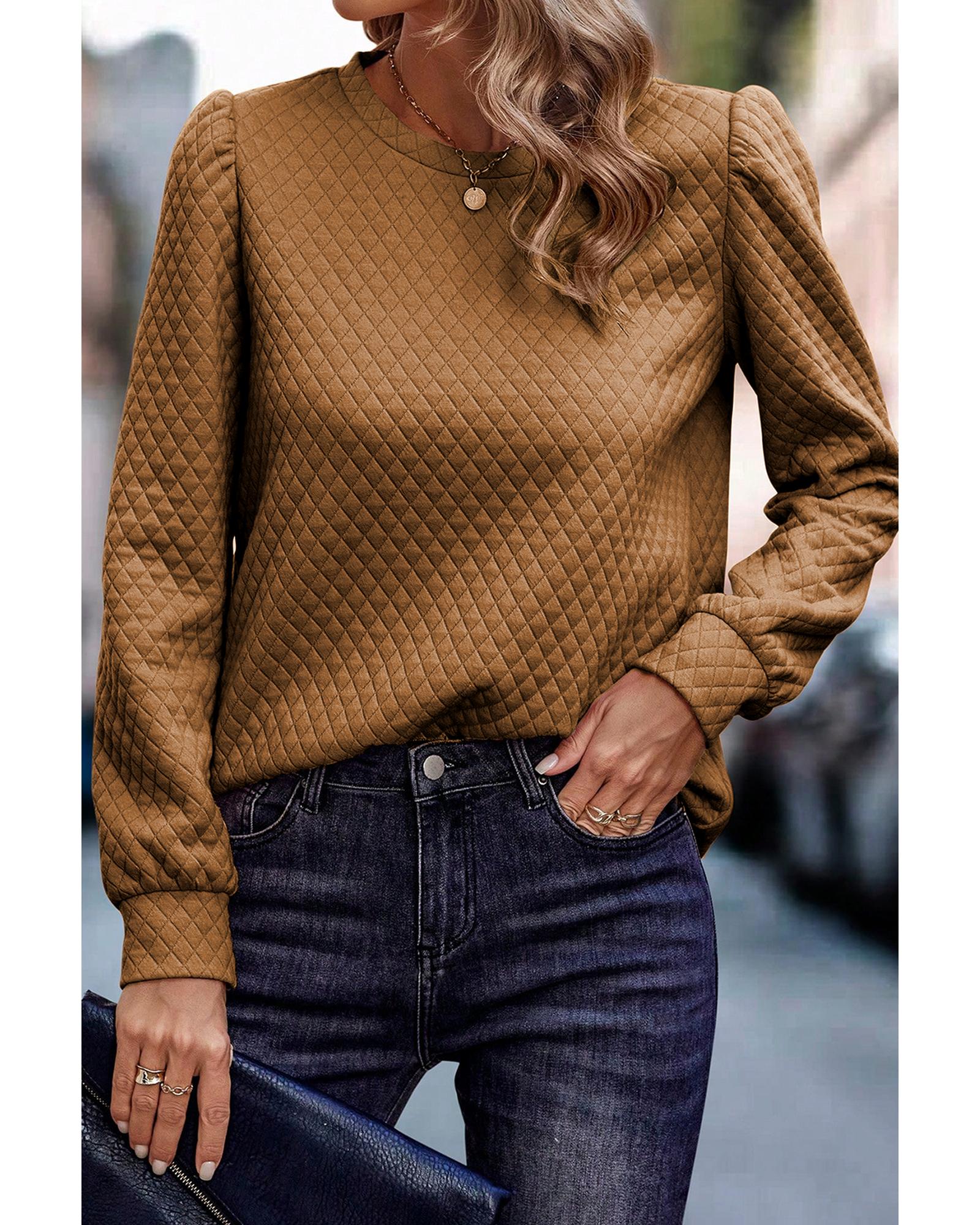 V539-AZEXDC25315657-P17-L-202508282130-00 Brown Solid Color Quilted Puff Sleeve Pullover Sweatshirt - L - Image 1