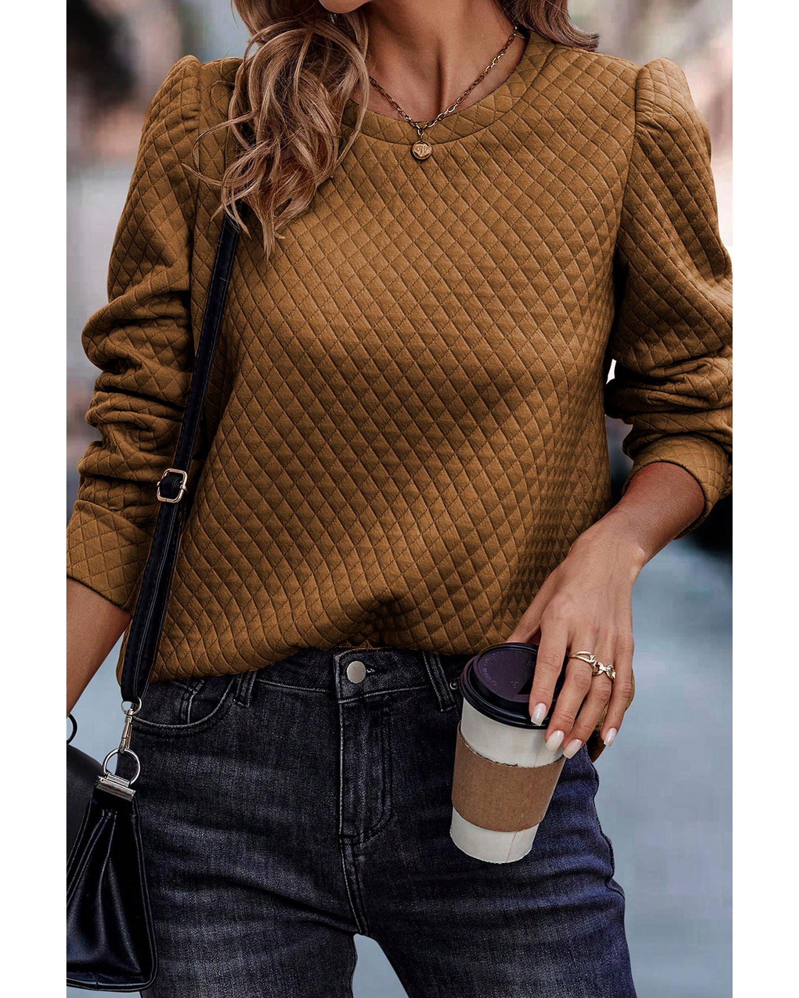 V539-AZEXDC25315657-P17-S-202506130146-00 Brown Solid Color Quilted Puff Sleeve Pullover Sweatshirt - S - Image 1