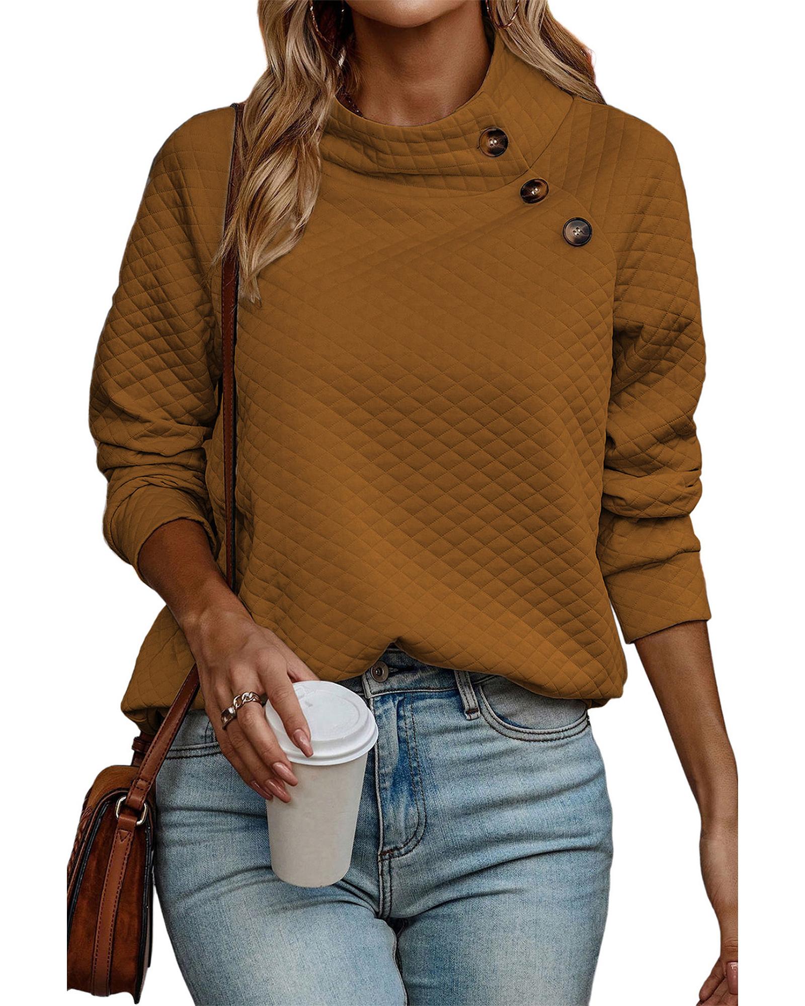 V539-AZEXDC25315658-P2017-XL-202508281045-00 Chestnut Quilted Buttoned Neckline Stand Neck Pullover Sweatshirt - XL - Image 1