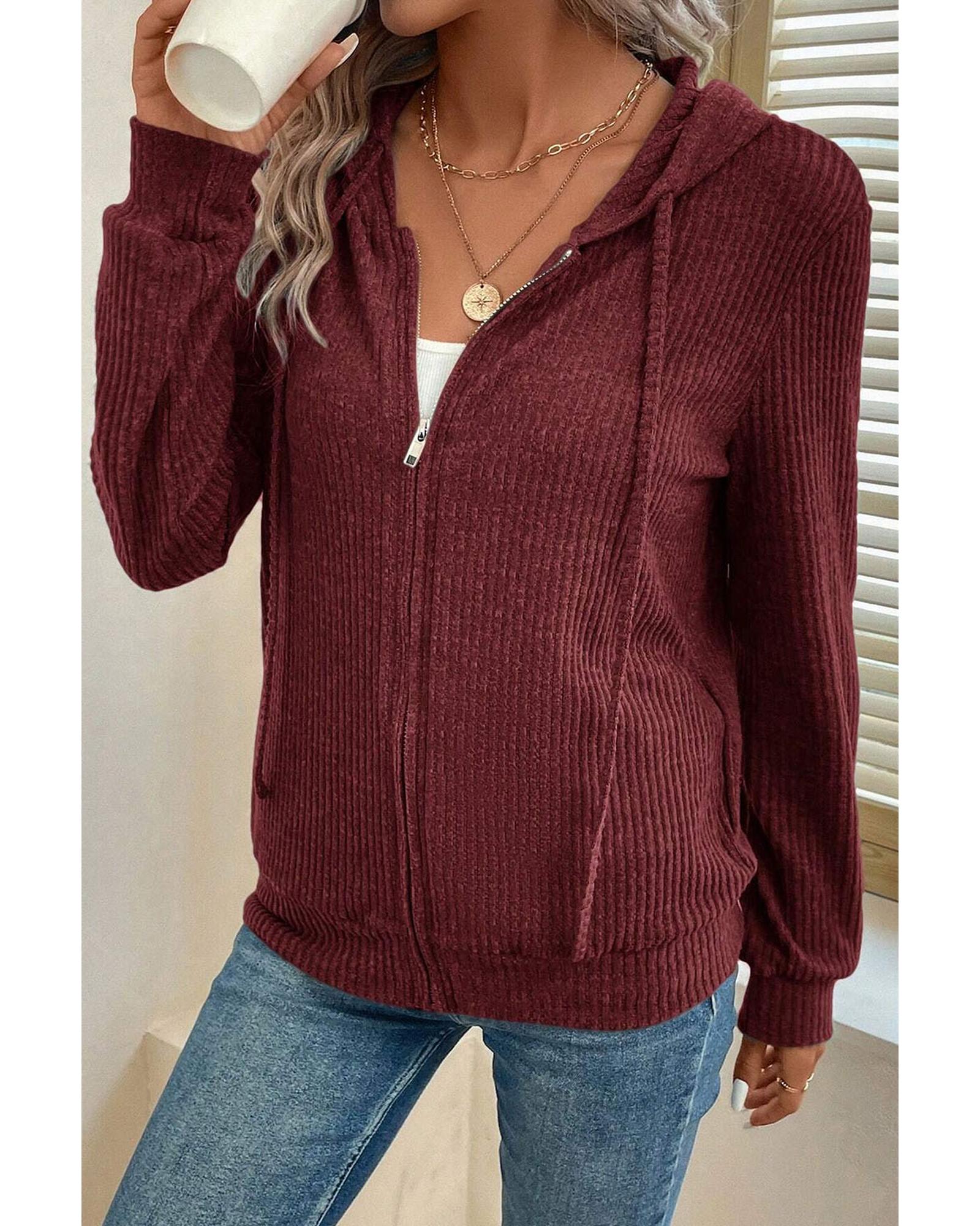 V539-AZEXDC25315830-P403-M-202508281925-00 Red Dahlia Ribbed Zip Up Front Drawstring Hoodie - M - Image 1