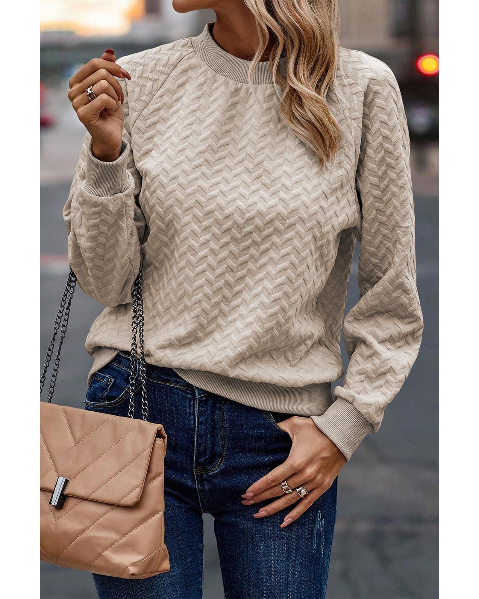 V539-AZEXDC25315905-P15-XL-202508281105-00 Beige Solid Textured Raglan Sleeve Pullover Sweatshirt - XL - Image 1