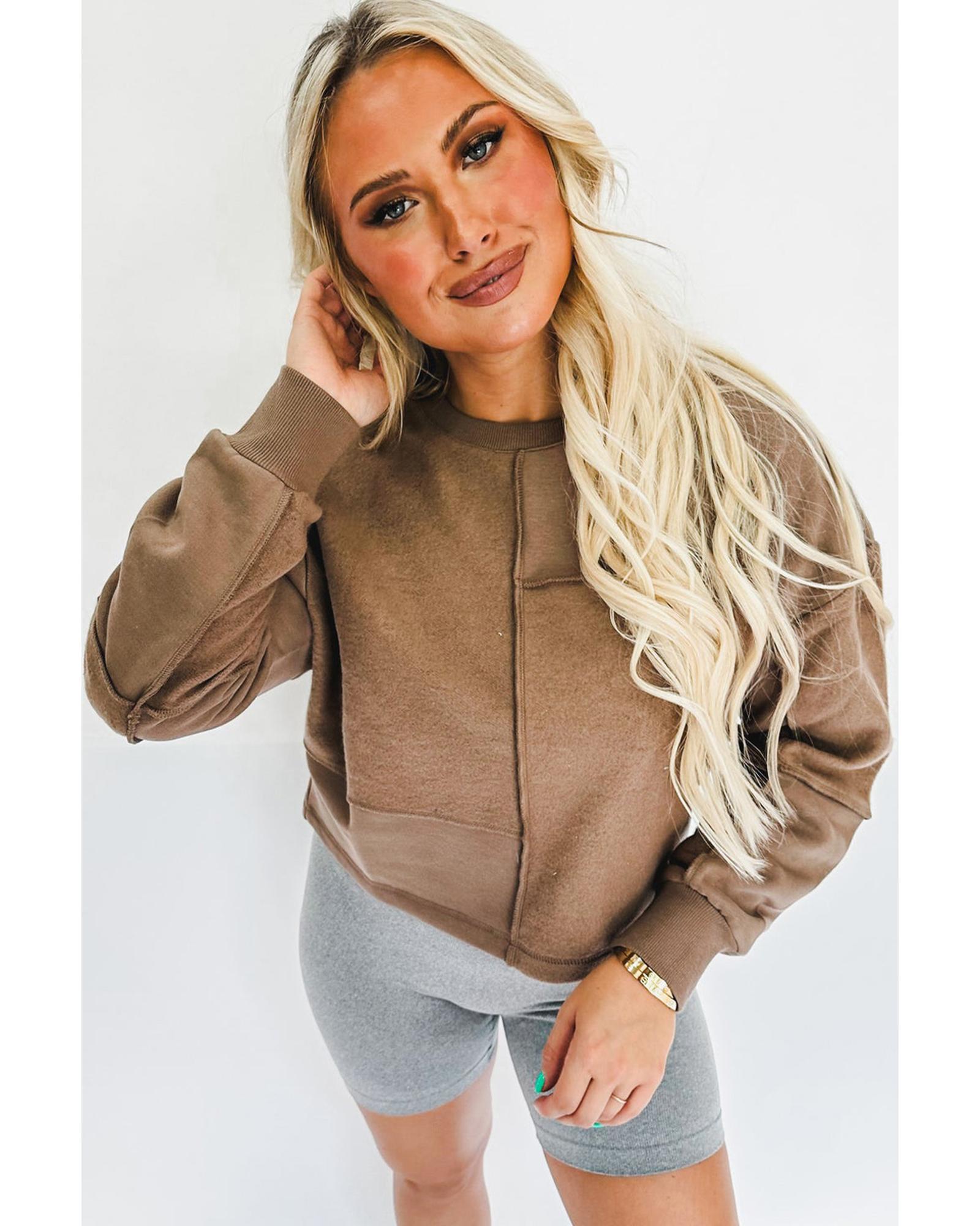 V539-AZEXDC25316091-P1017-XL-202508281005-00 Coffee Solid Exposed Seam Pullover Sweatshirt - XL - Image 1