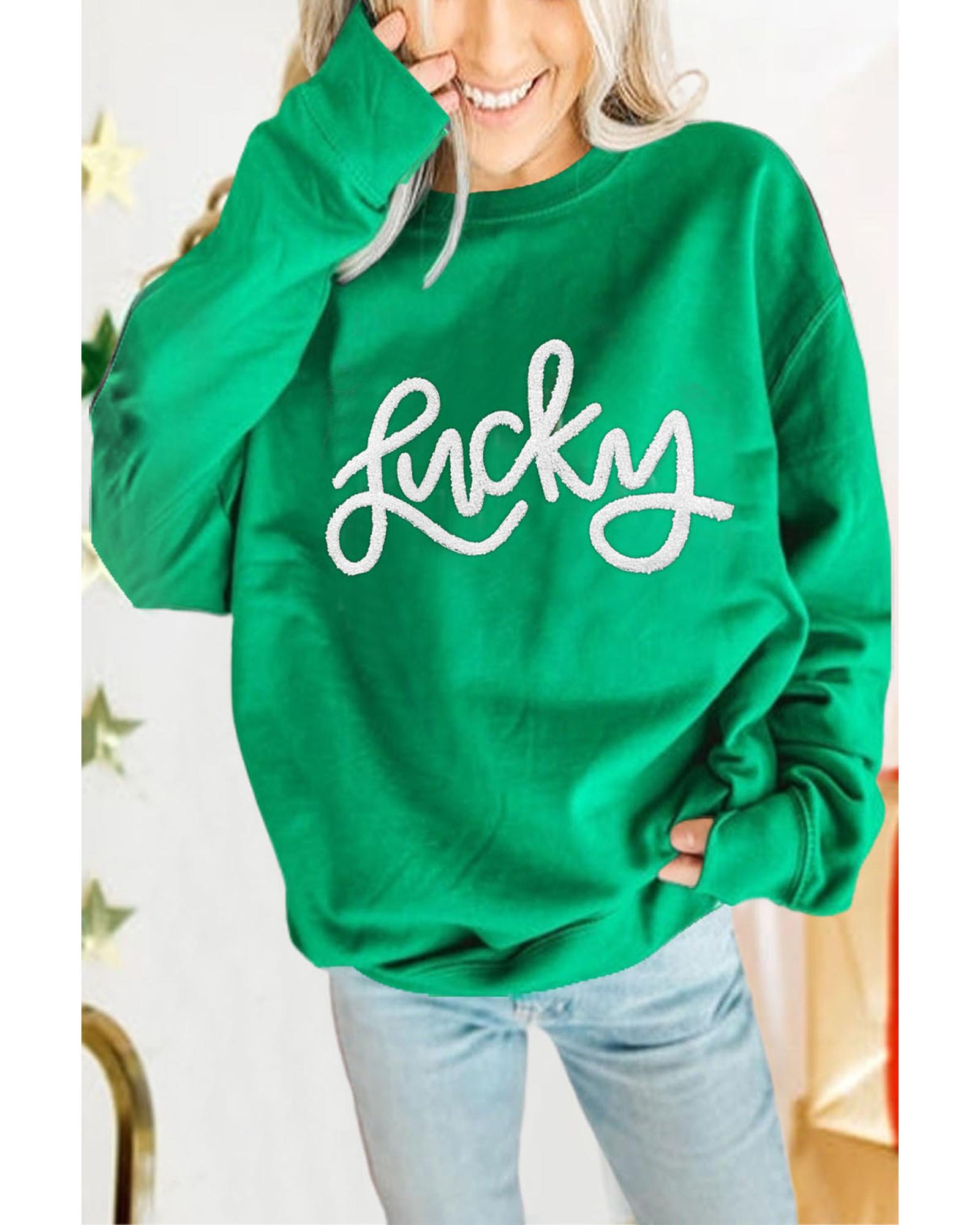 V539-AZEXDC25316132-P9-S-202506122221-00 Green LUCKY Aphabet Chenille Embroidered Pullover Sweatshirt - S - Image 1
