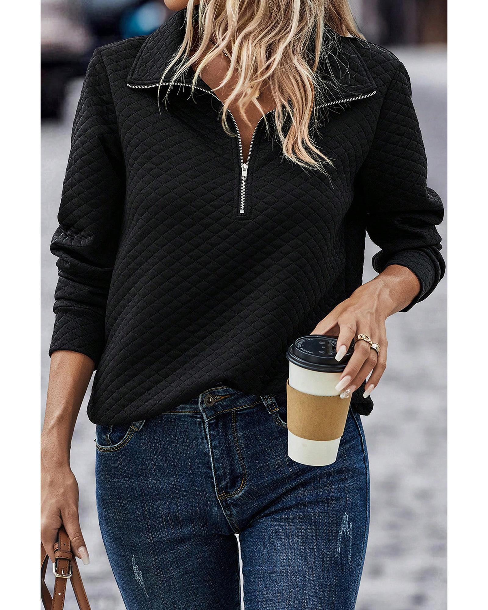 V539-AZEXDC25316184-P2-M-202508300200-00 Black Solid Half Zipper Quilted Pullover Sweatshirt - M - Image 1