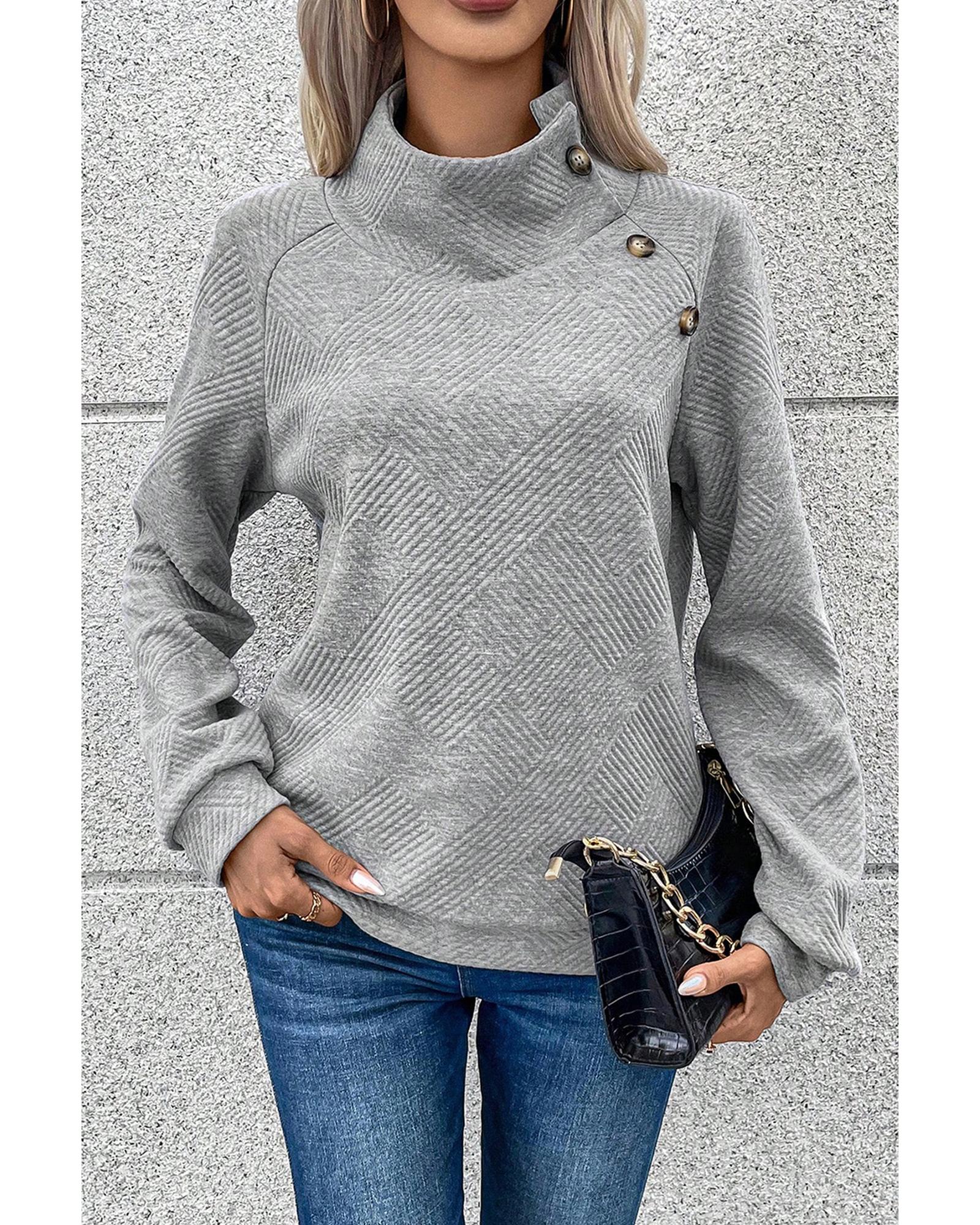 V539-AZEXDC25316230-P11-S-202506122248-00 Gray Asymmetric Buttons Detail High Neck Textured Sweatshirt - S - Image 1