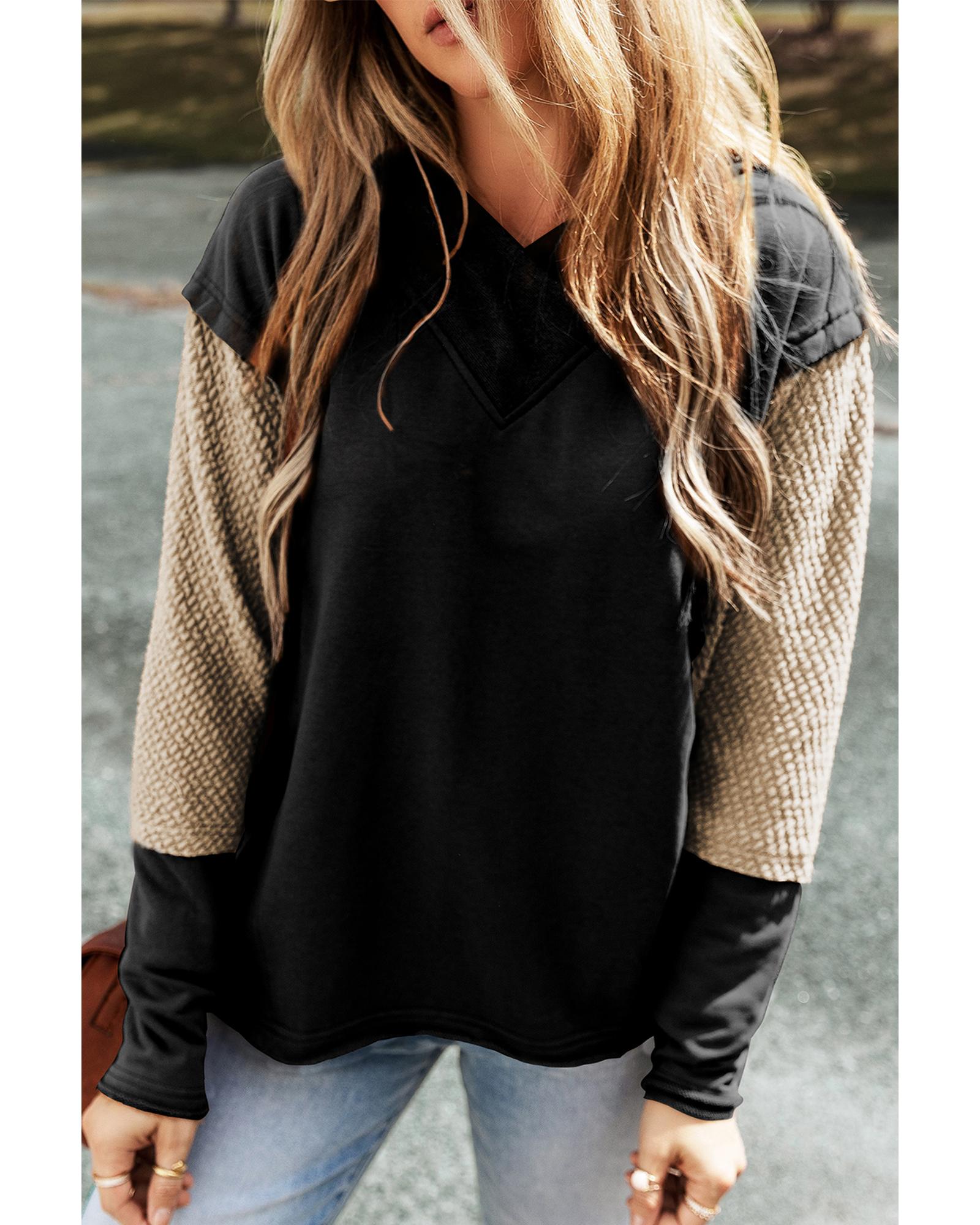 V539-AZEXDC25316258-P2-L-202506122312-00 Black Contrast Sleeves Patchwork Colorblock Hoodie - L - Image 1