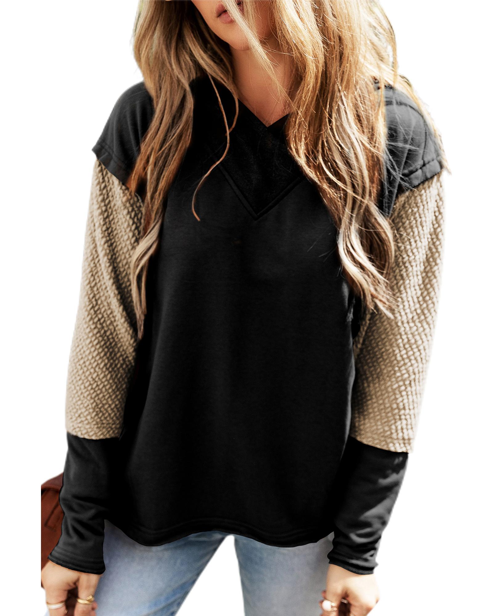 V539-AZEXDC25316258-P2-XL-202508280405-00 Black Contrast Sleeves Patchwork Colorblock Hoodie - XL - Image 1