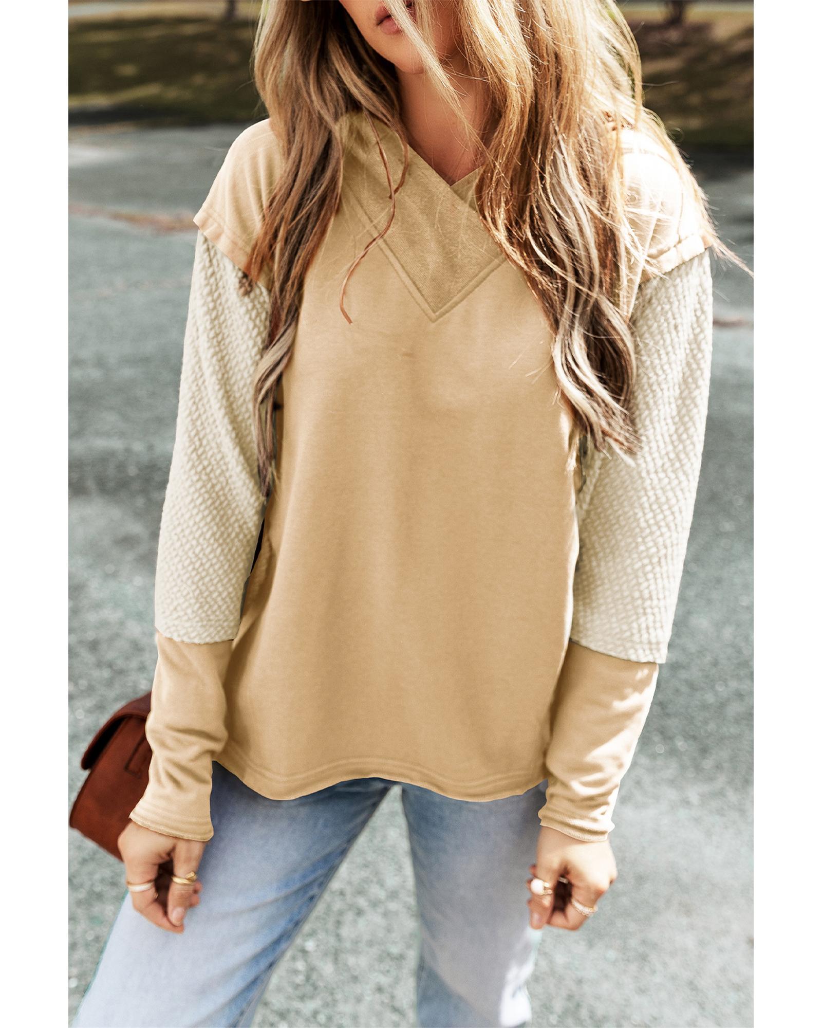 V539-AZEXDC25316258-P6016-XL-202506122321-00 Parchment Contrast Sleeves Patchwork Colorblock Hoodie - XL - Image 1