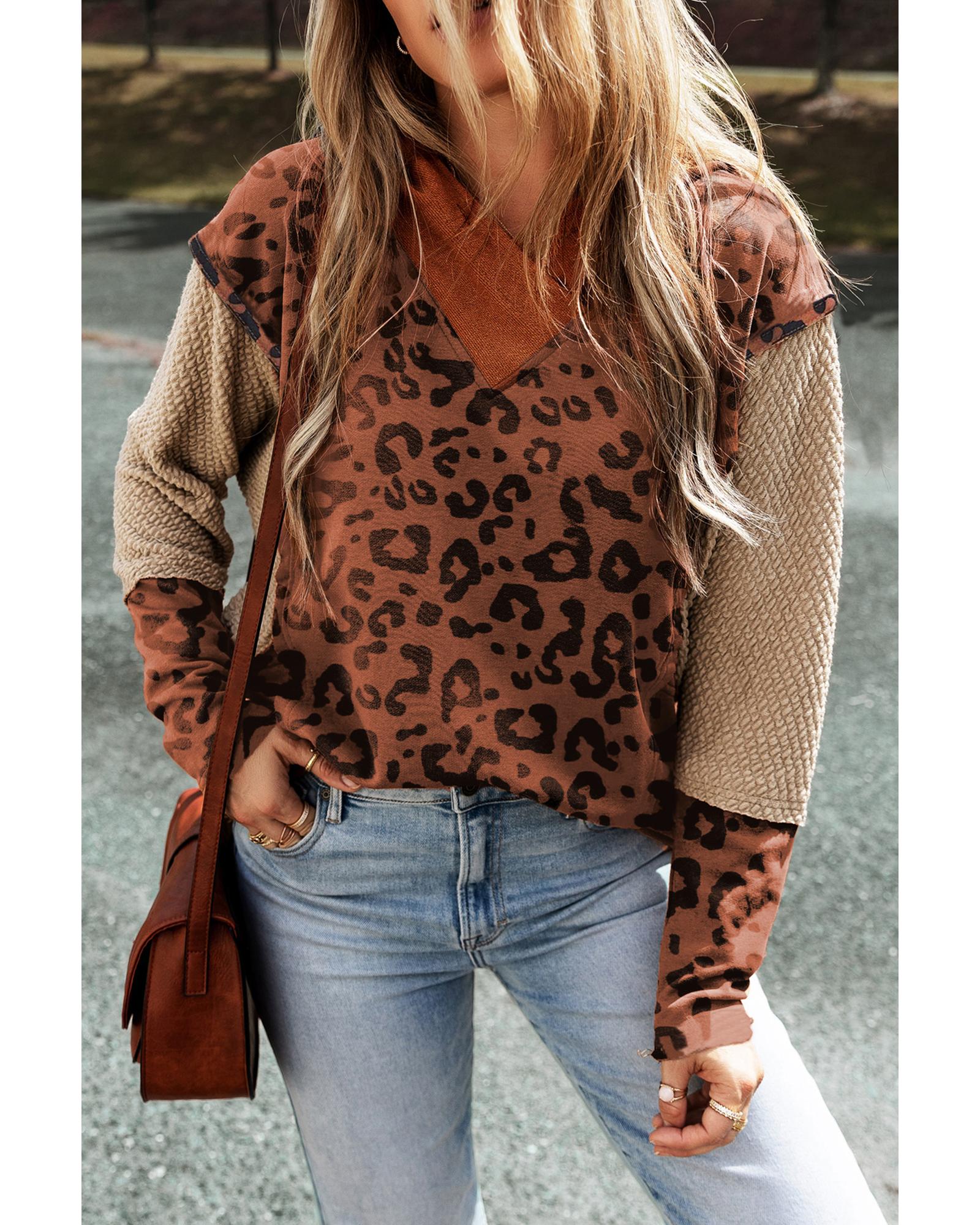 V539-AZEXDC25316388-P1722-L-202508281540-00 Brown Textured Knit Patchwork Leopard Hoodie - L - Image 1