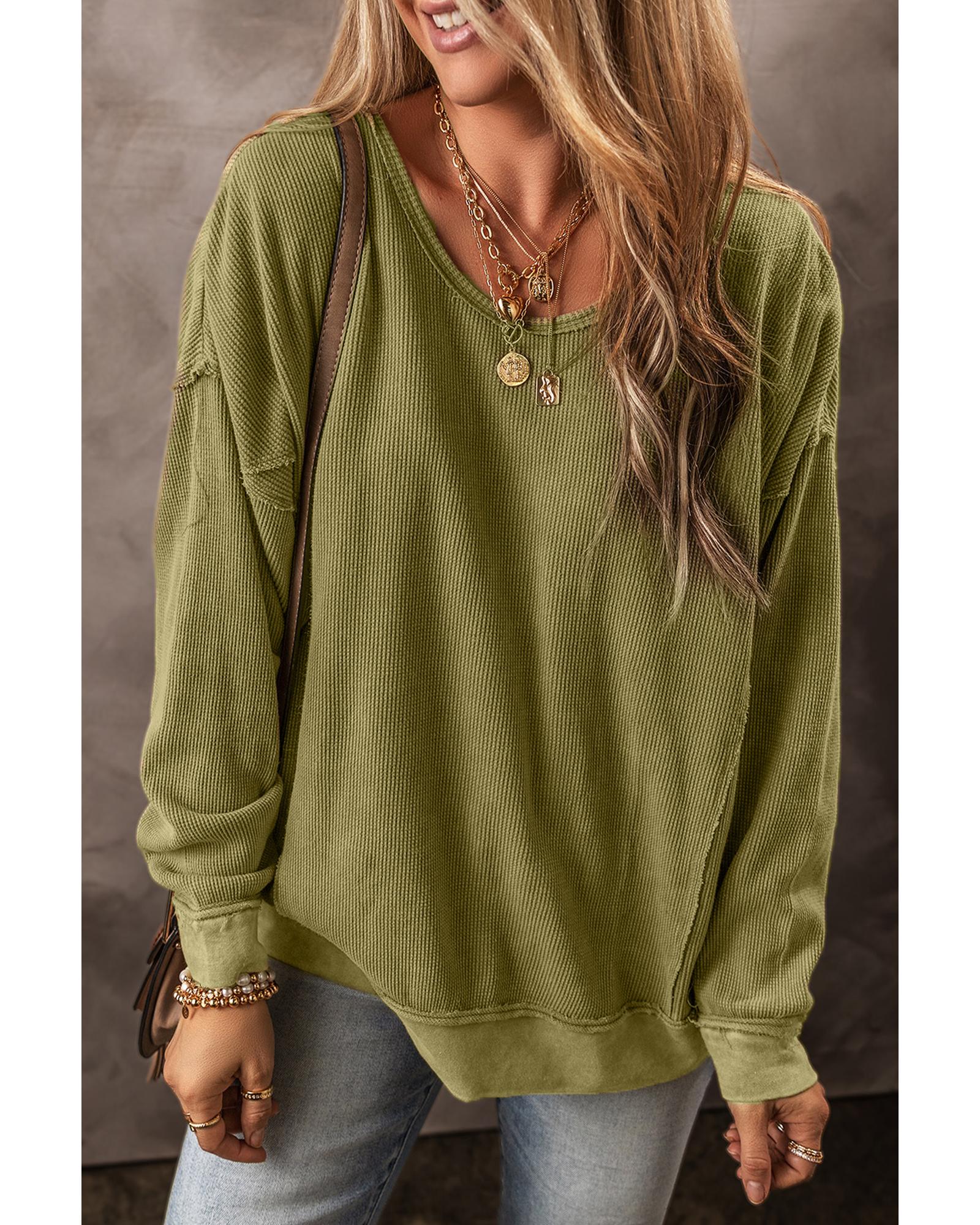 V539-AZEXDC25316434-P609-M-202508300040-00 Jungle Green Textured Seamed Drop Sleeve Sweatshirt - M - Image 1