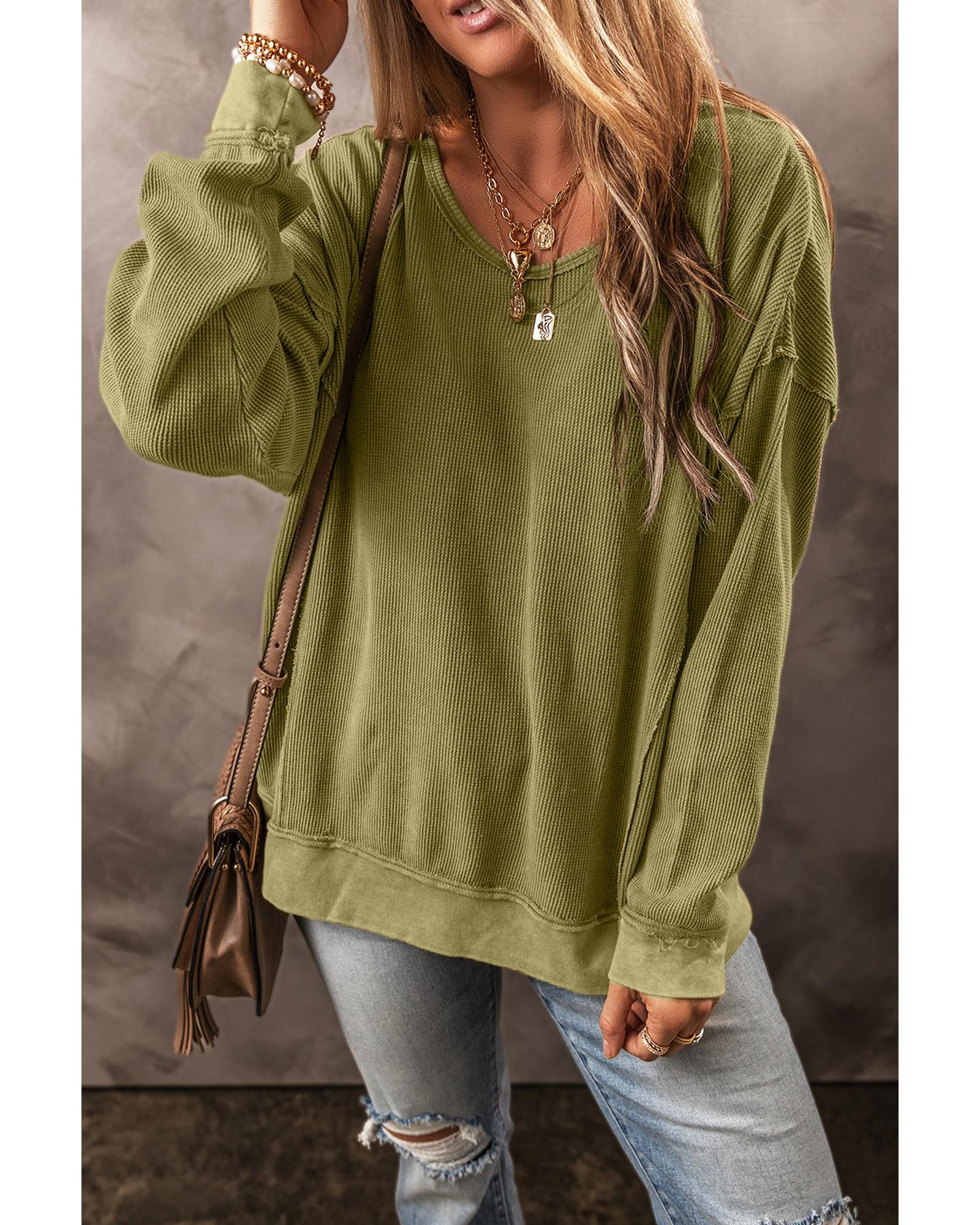 V539-AZEXDC25316434-P609-S-202508272235-00 Jungle Green Textured Seamed Drop Sleeve Sweatshirt - S - Image 1