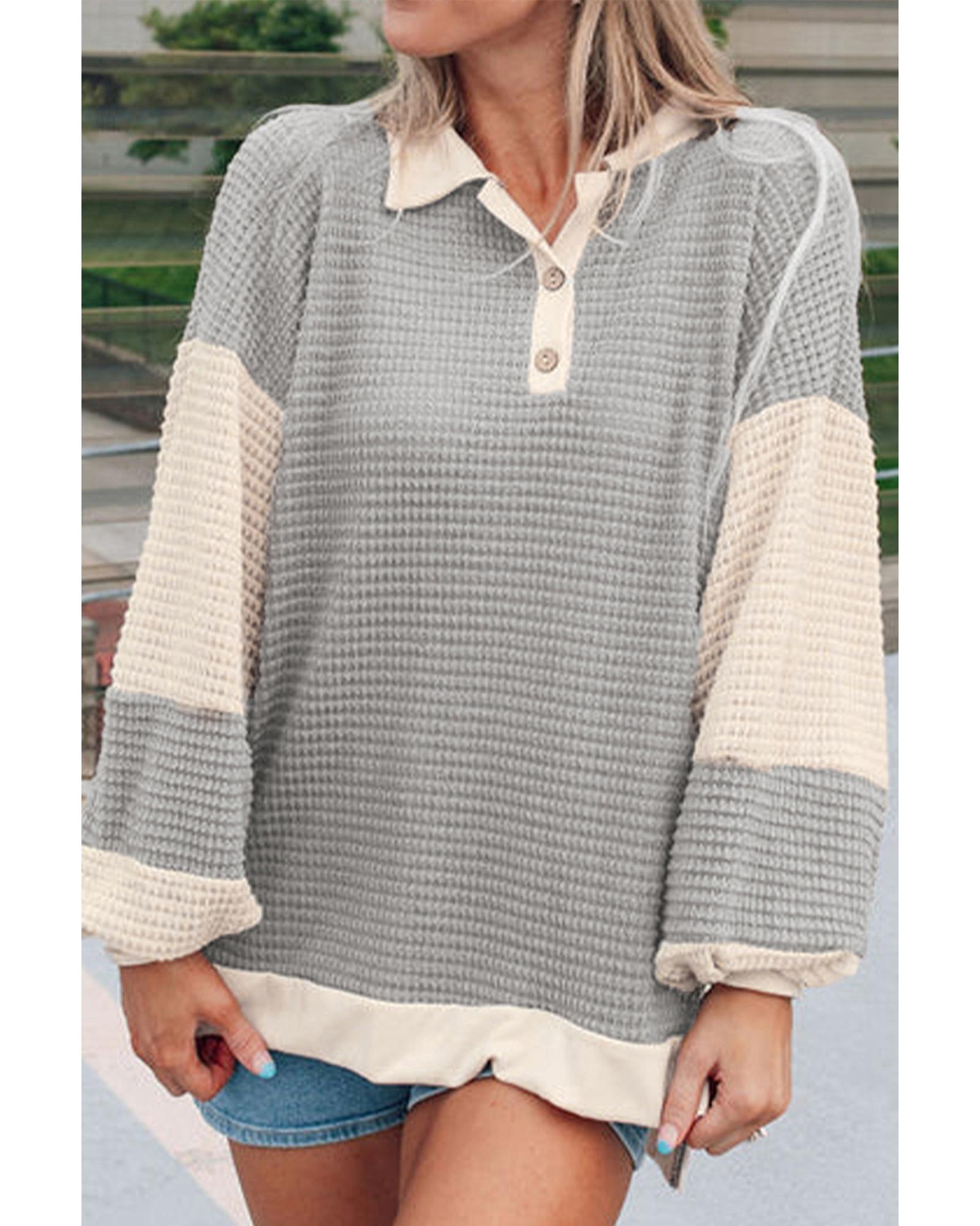 Khaki Textured Colorblock Collared Henley Top - S