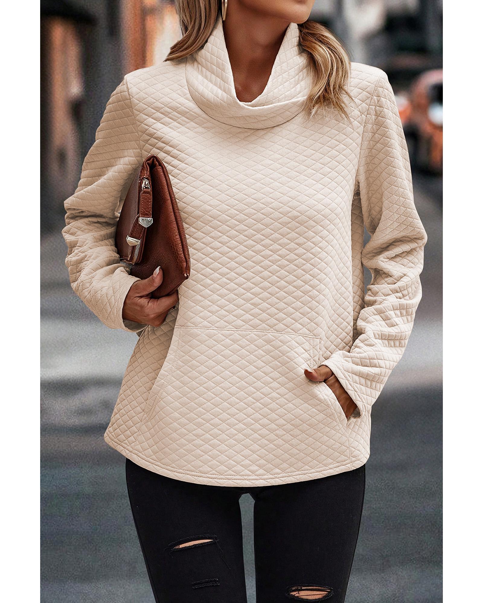 V539-AZEXDC25316576-P18-S-202508271705-00 Apricot High Neck Kangaroo Pocket Quilted Sweatshirt - S - Image 1