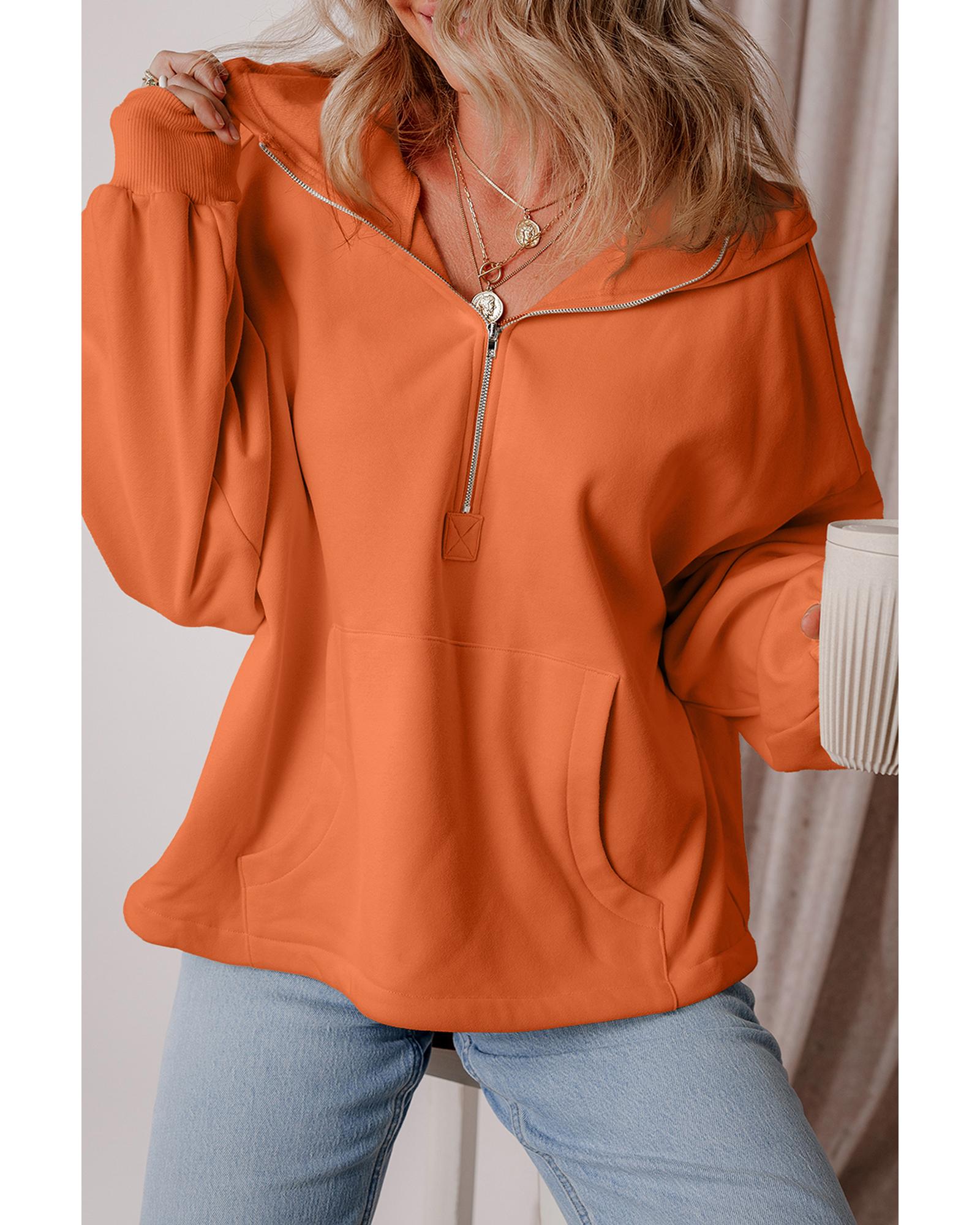 V539-AZEXDC25316626-P14-M-202508270410-00 Orange Fleece Lined Half Zipper Kangaroo Pockets Loose Hoodie - M - Image 1