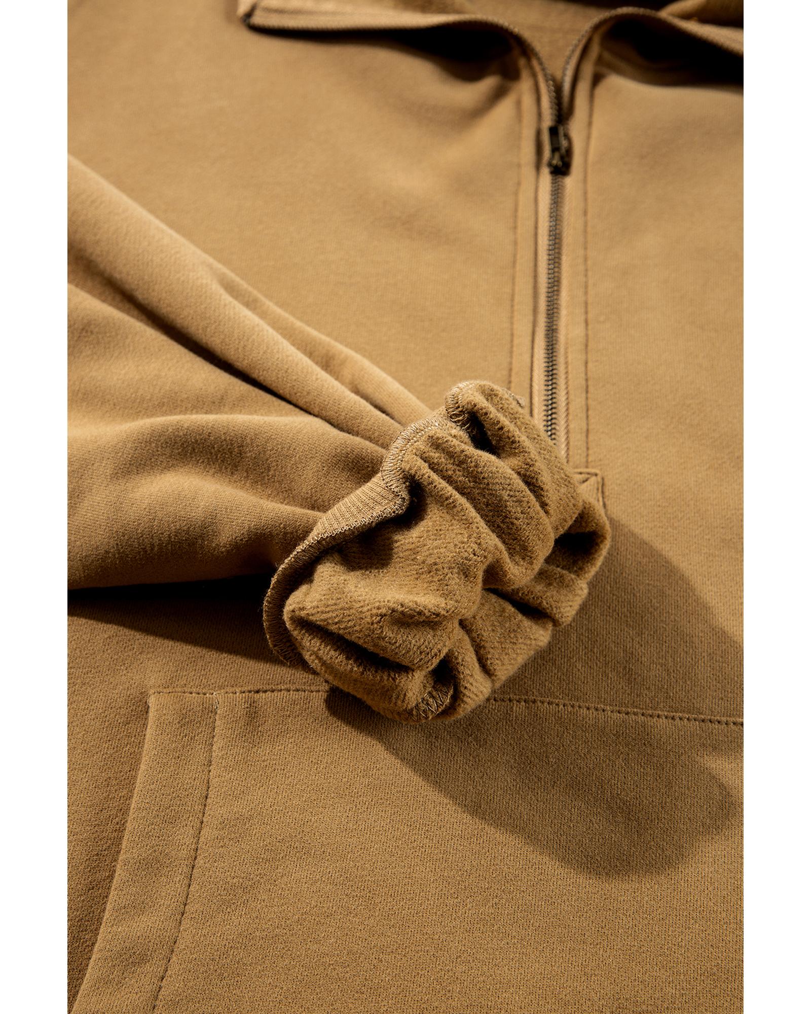 V539-AZEXDC25316626-P17-S-202506130611-00 Brown Fleece Lined Half Zipper Kangaroo Pockets Loose Hoodie - S - Image 1