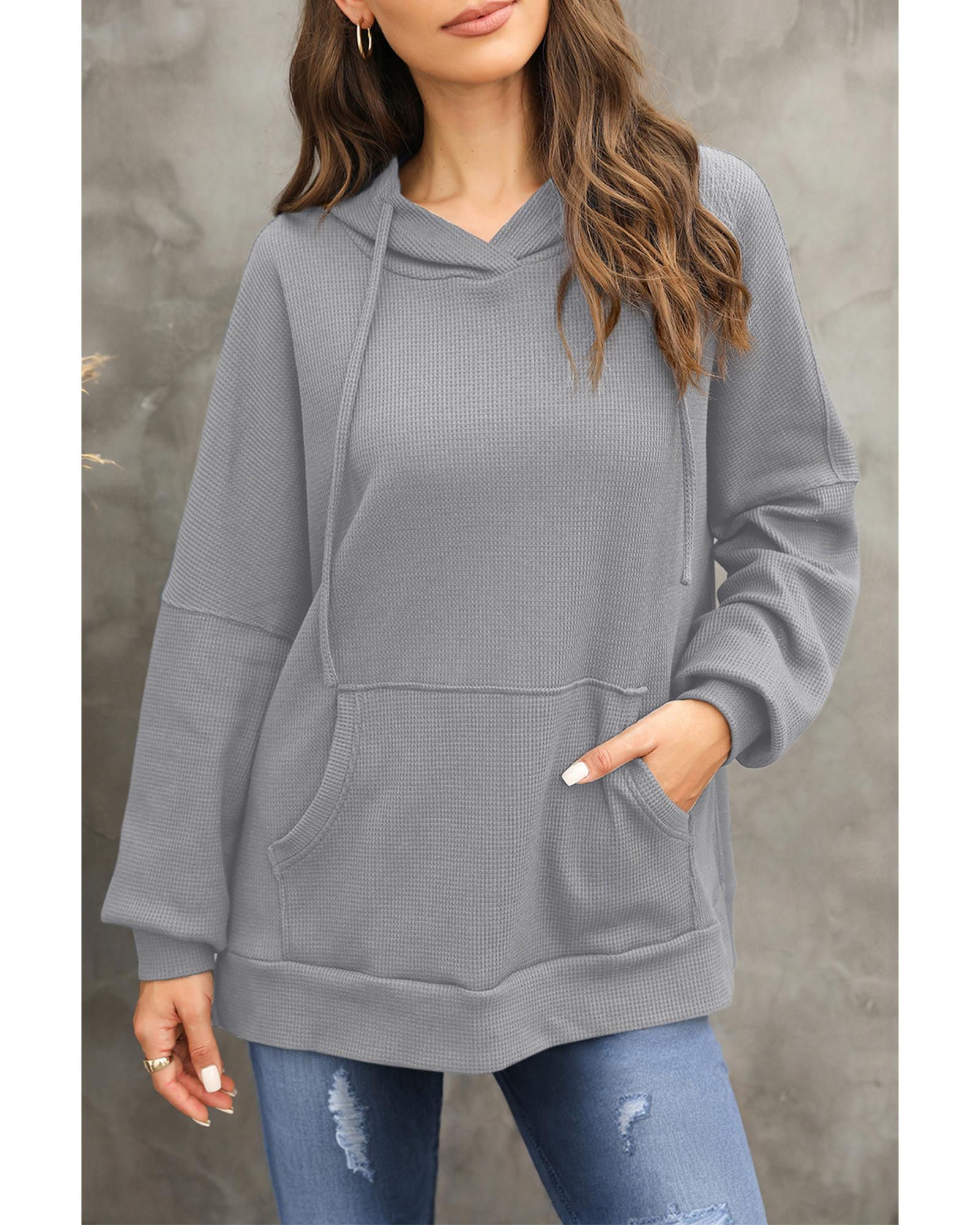 V539-AZEXDC25316648-P11-S-202506130646-00 Gray Waffle Knit Fleece Lined High Low Oversized Hoodie - S - Image 1