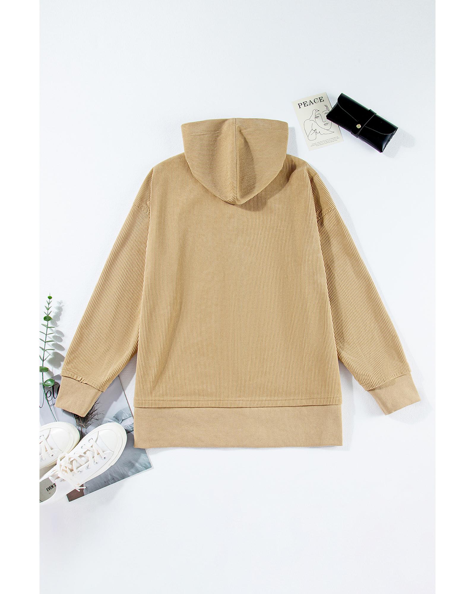 V539-AZEXDC25316685-P6017-XL-202508281450-00 Simply Taupe Solid Ribbed Knit Buttoned Drop Shoulder Oversized Hoodie - XL - Image 1
