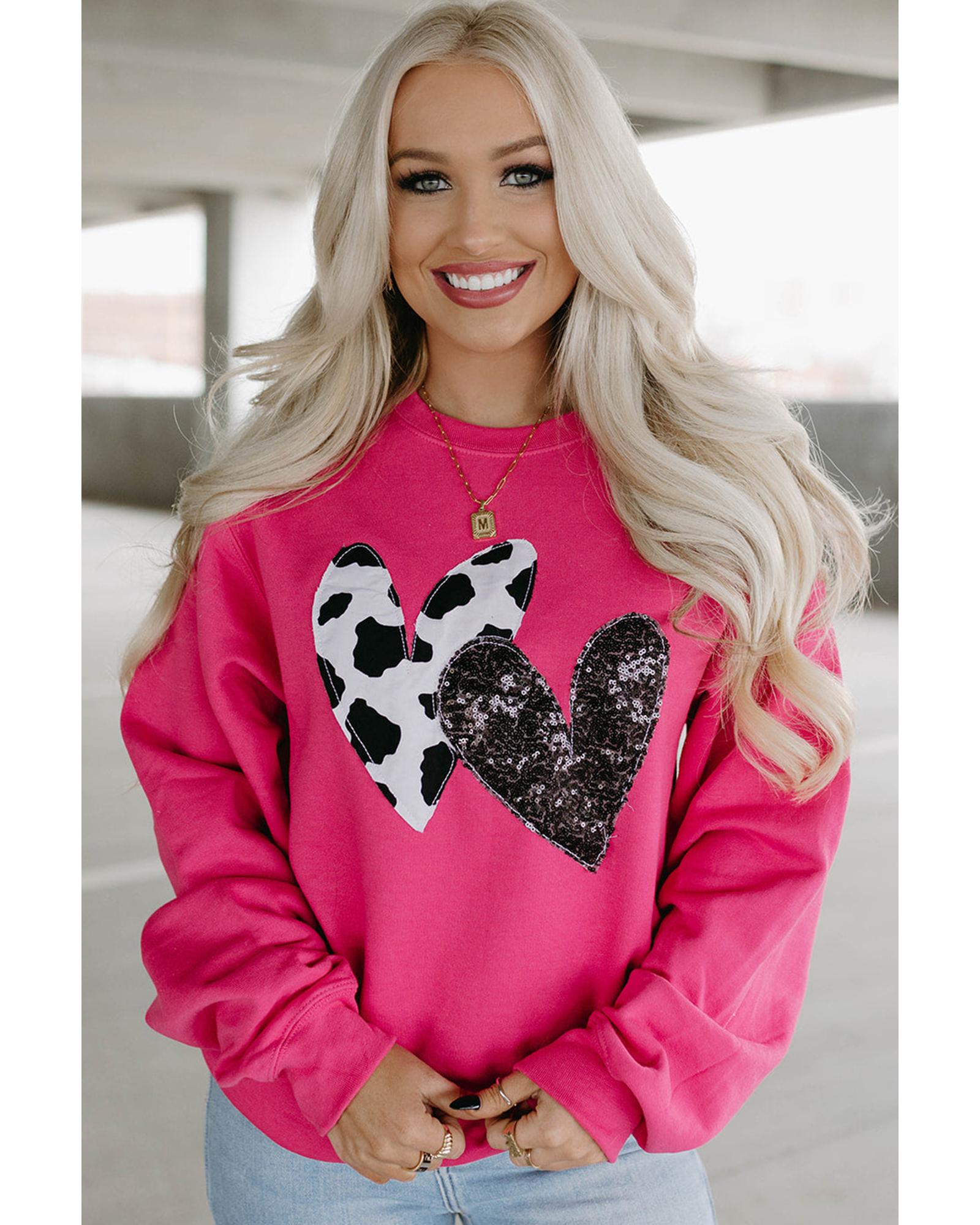 V539-AZEXDC25316769-P306-XL-202508291340-00 Strawberry Pink Cow & Sequin Double Heart Patch Graphic Sweatshirt - XL - Image 1