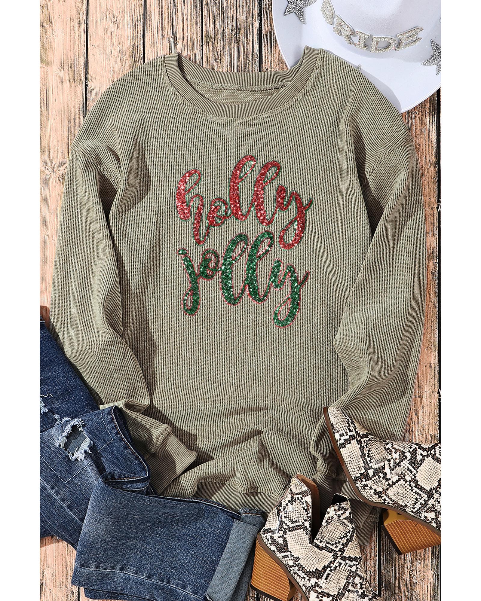 V539-AZEXDC25316789-9-XL-202508300525-00 Green Sequined holly jolly Graphic Corded Sweatshirt - XL - Image 1