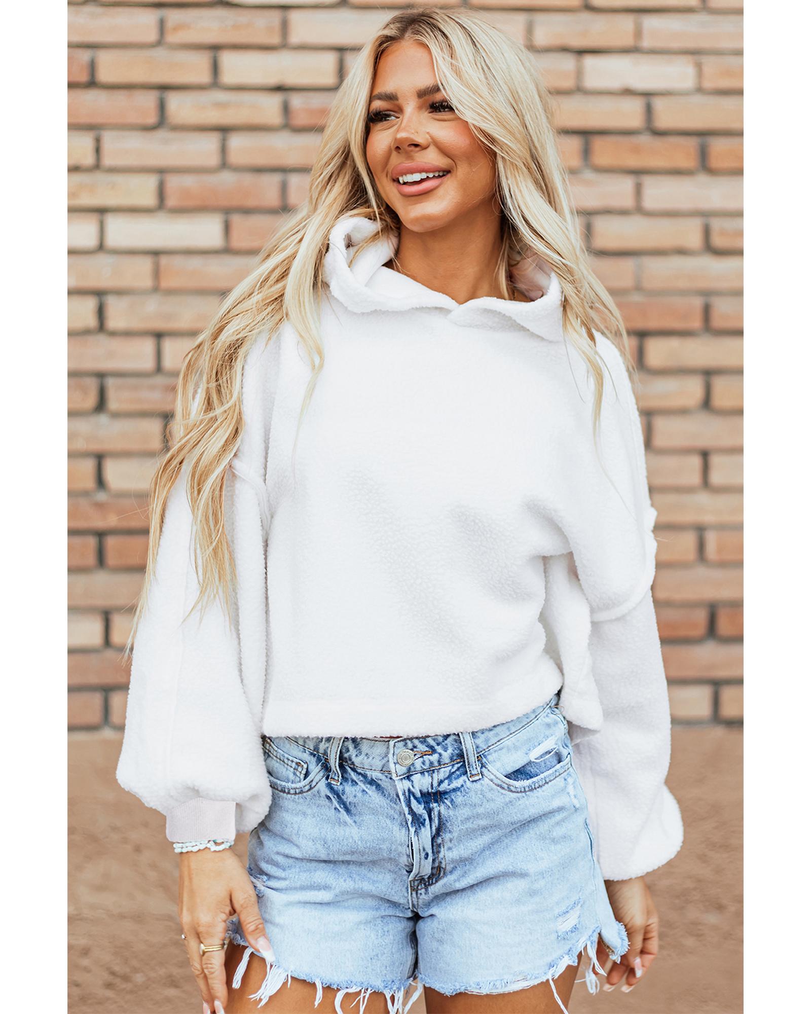 V539-AZEXDC25316964-P1-M-202508291420-00 White Sherpa Fleece Drop Shoulder Hoodie - M - Image 1
