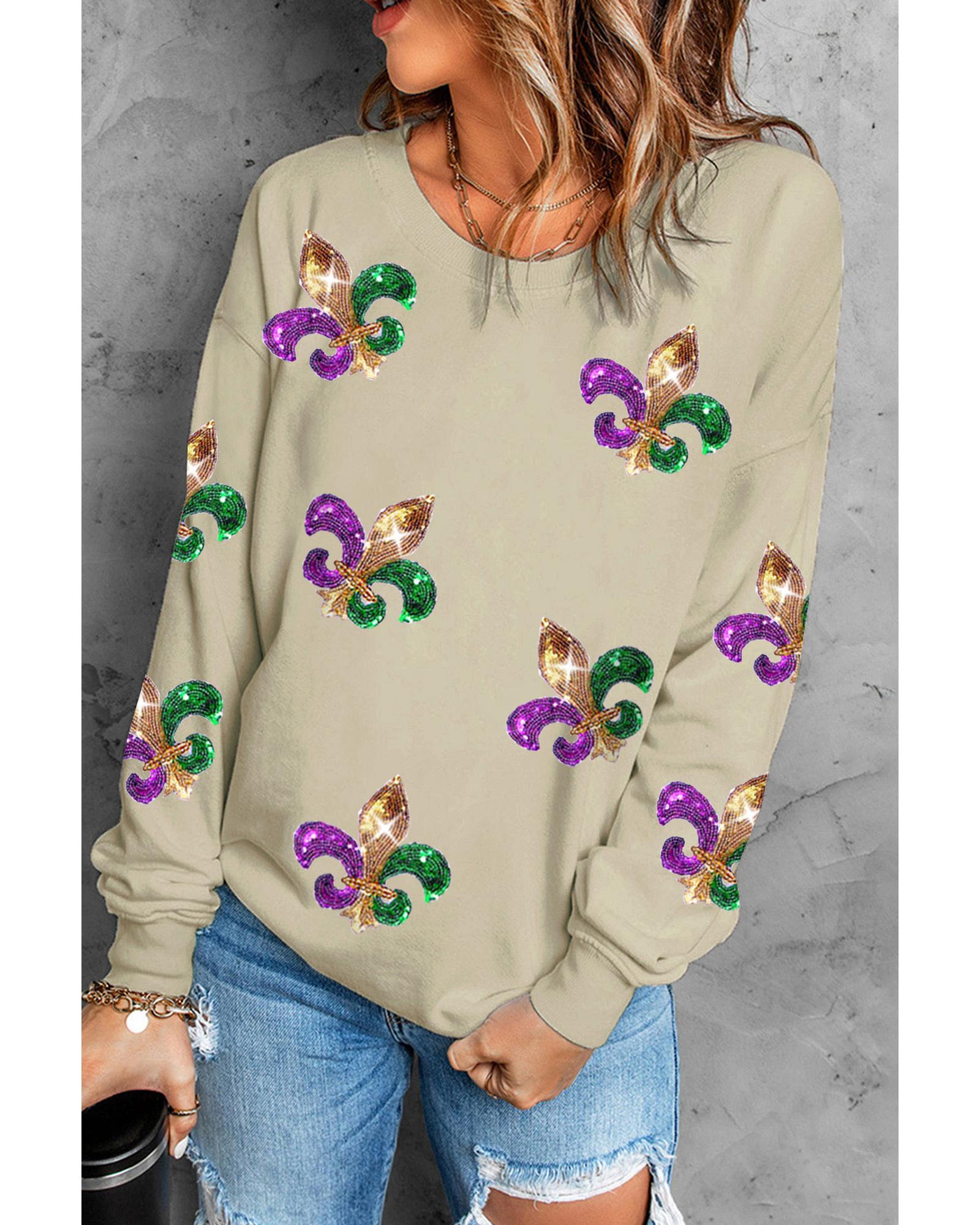V539-AZEXDC25317084-16-M-202508290055-00 Khaki Sequin Mardi Gras Graphic Pullover Sweatshirt - M - Image 1