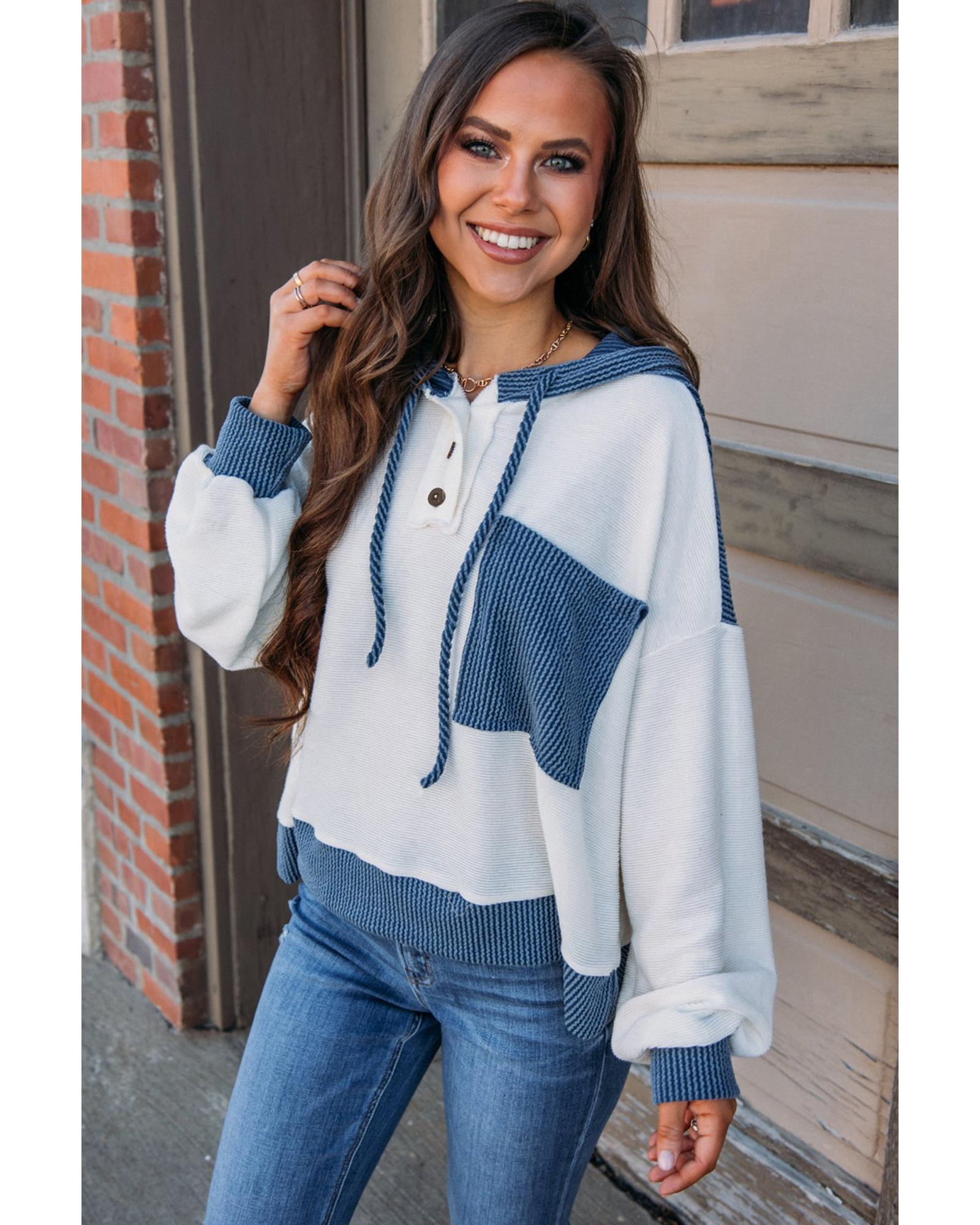 V539-AZEXDC25317119-P1-M-202508281750-00 White Corded Colorblock Patch Pocket Drawstring Hooded Top - M - Image 1
