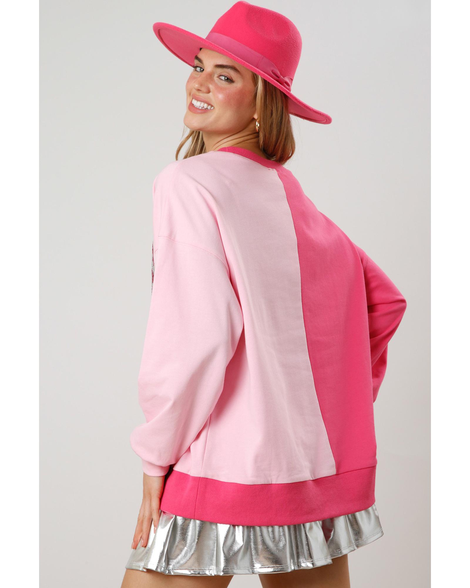 V539-AZEXDC25317172-P1022-M-202508280735-00 Pink Color Block Sequined Cowgirl Boots Graphic Sweatshirt - M - Image 1