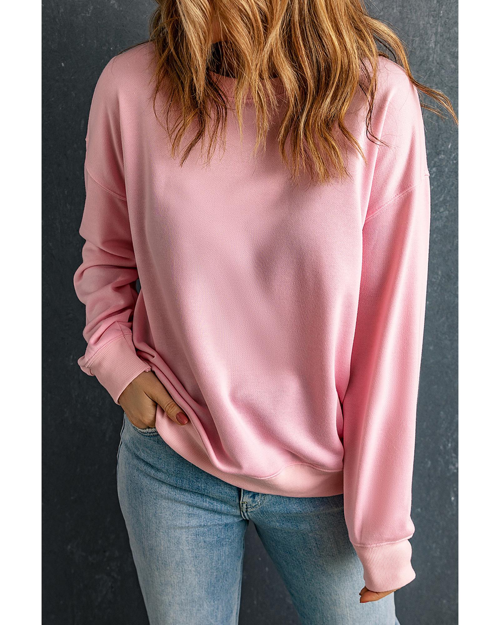 V539-AZEXDC25317184-10-S-202506130347-00 Pink Solid Classic Crewneck Pullover Sweatshirt - S - Image 1