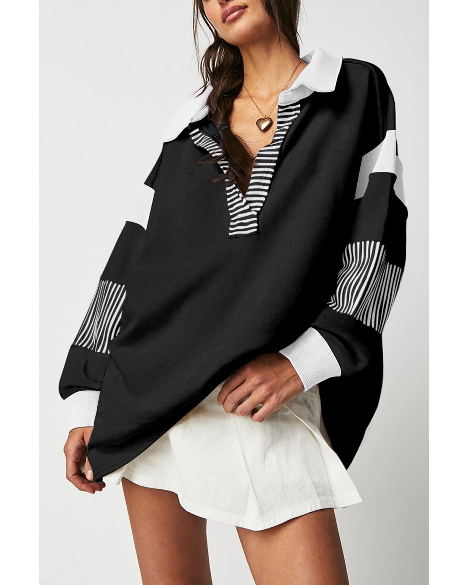 V539-AZEXDC25317343-P2-M-202508281150-00 Black Striped Colorblock Patchwork Collar Sweatshirt - M - Image 1