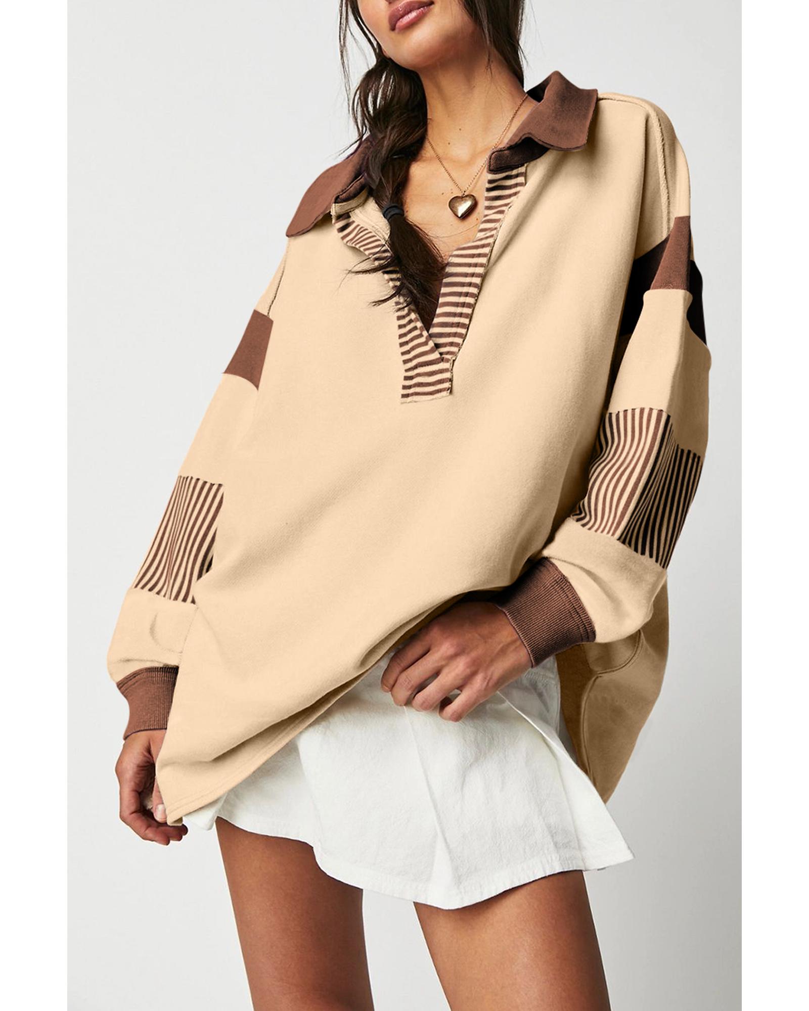 V539-AZEXDC25317343-P4016-XL-202508291930-00 Light French Beige Striped Colorblock Patchwork Collar Sweatshirt - XL - Image 1