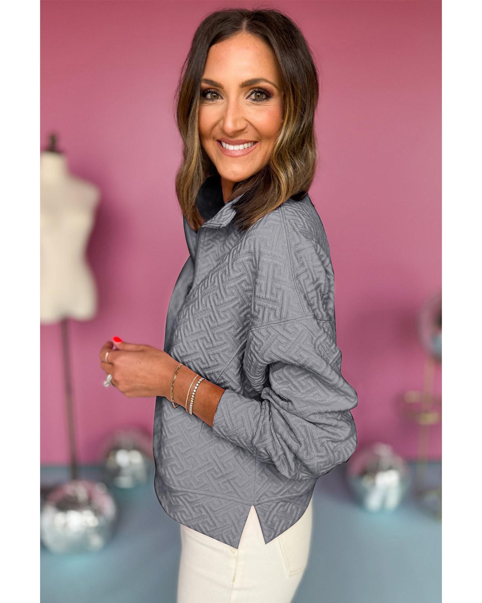 V539-AZEXDC25317399-P11-XL-202508280800-00 Gray Solid Textured Half Zipper Collared Sweatshirt - XL - Image 1
