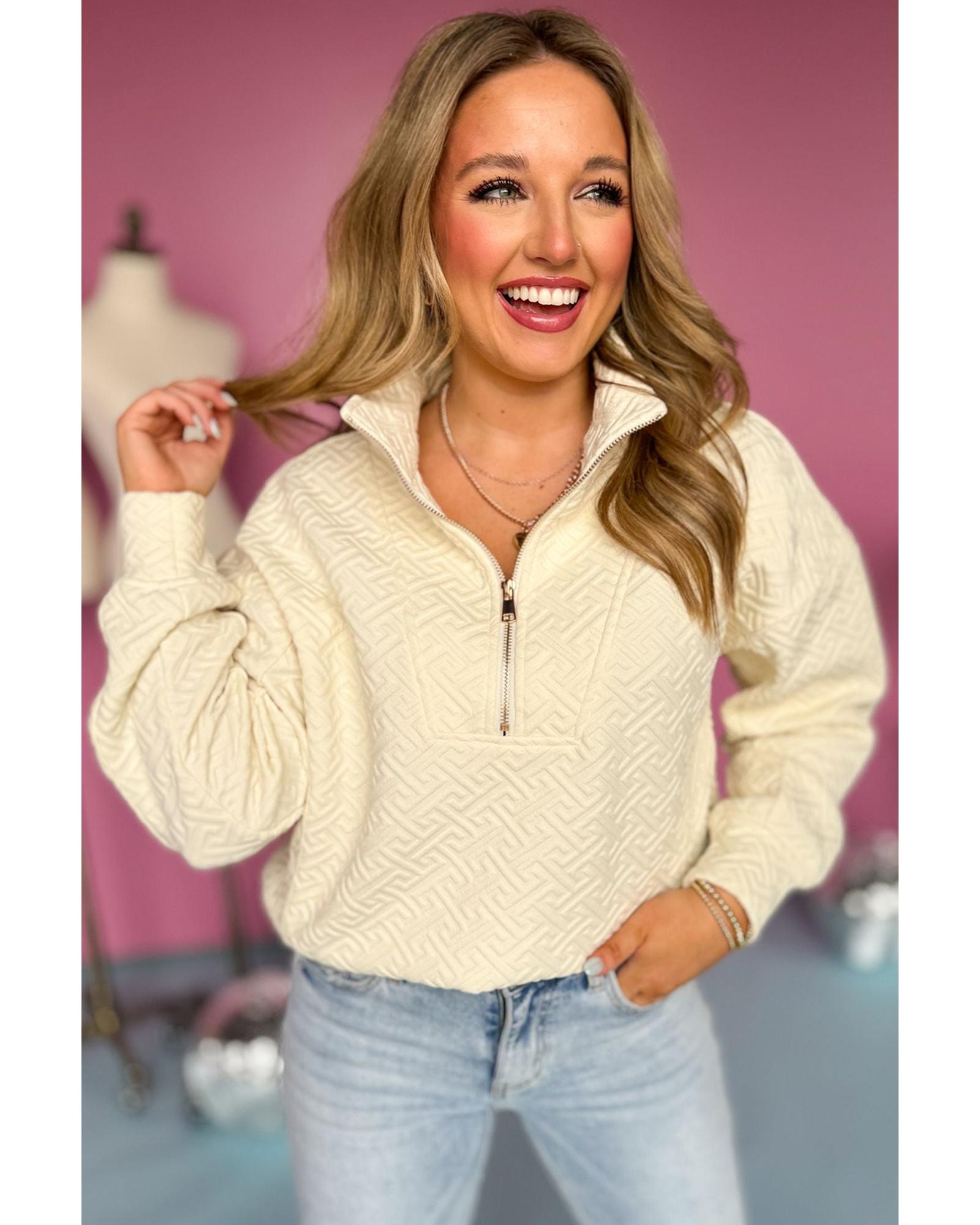 V539-AZEXDC25317399-P15-XL-202508281930-00 Beige Solid Textured Half Zipper Collared Sweatshirt - XL - Image 1