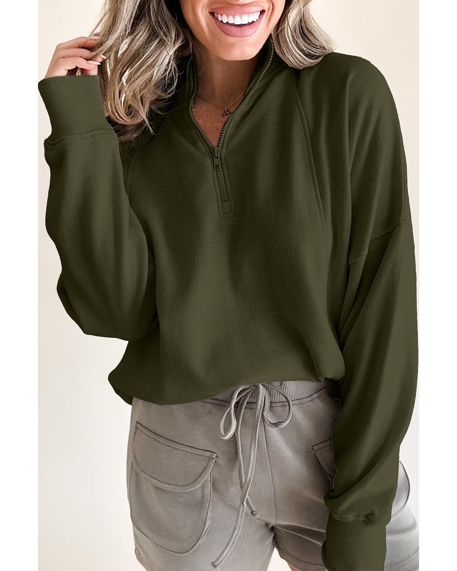 V539-AZEXDC25317408-P609-L-202508280405-00 Jungle Green Zipped Neck Pullover Drop Shoulder Sweatshirt - L - Image 1