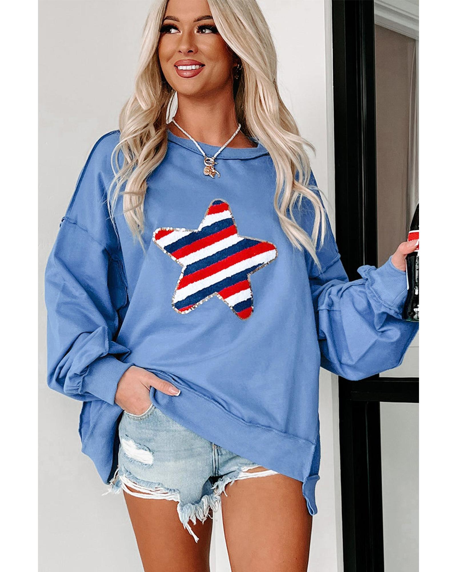 V539-AZEXDC25317414-P205-M-202508291650-00 Sky Blue Sequin Trim Embroidered Star USA Pattern Sweatshirt - M - Image 1