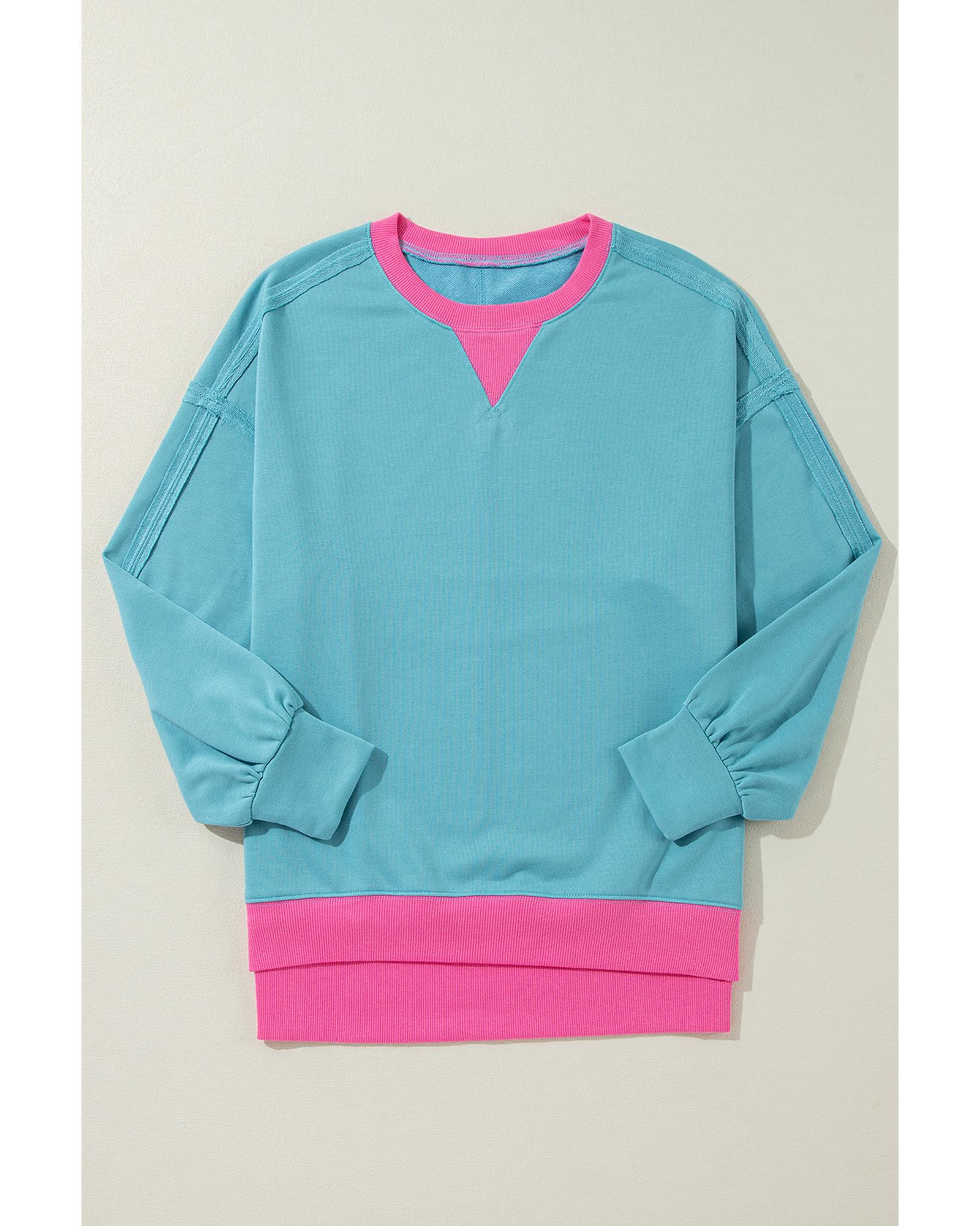 V539-AZEXDC25317486-P422-S-202506130410-00 Light Blue Colorblock Patchwork Crew Neck Loose Sweatshirt - S - Image 1