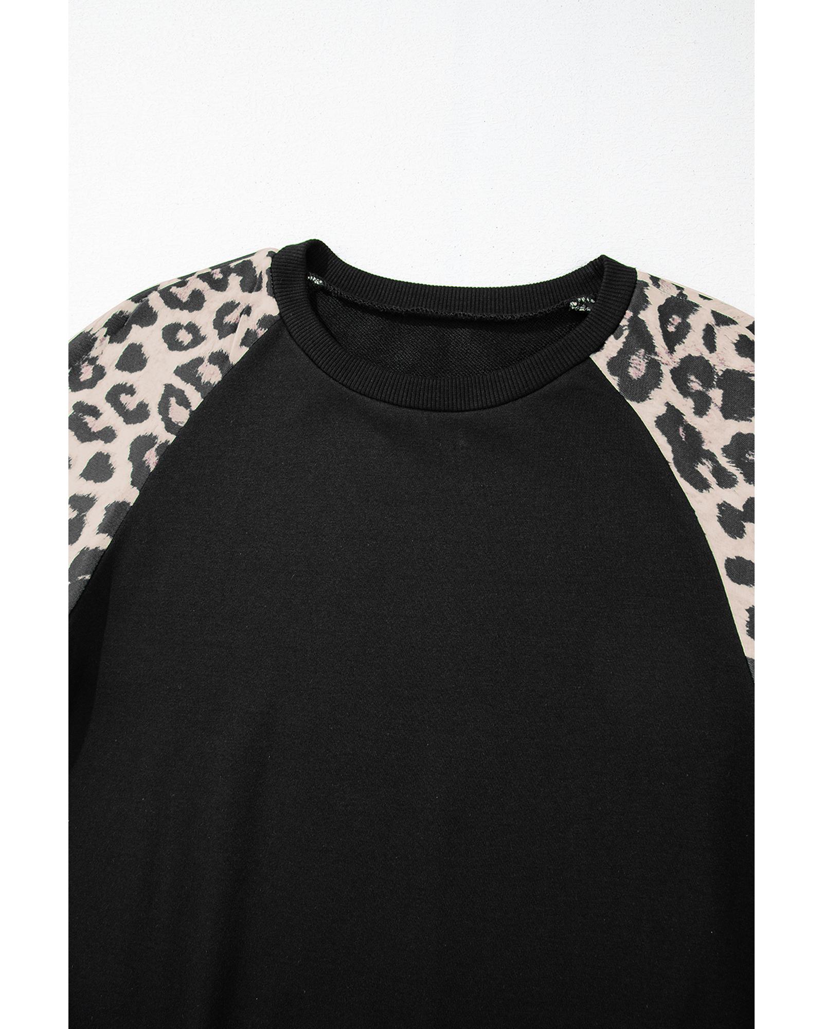 V539-AZEXDC25317513-P2-S-202506130426-00 Black Leopard Print Colorblock Raglan Sleeve Sweatshirt - S - Image 1