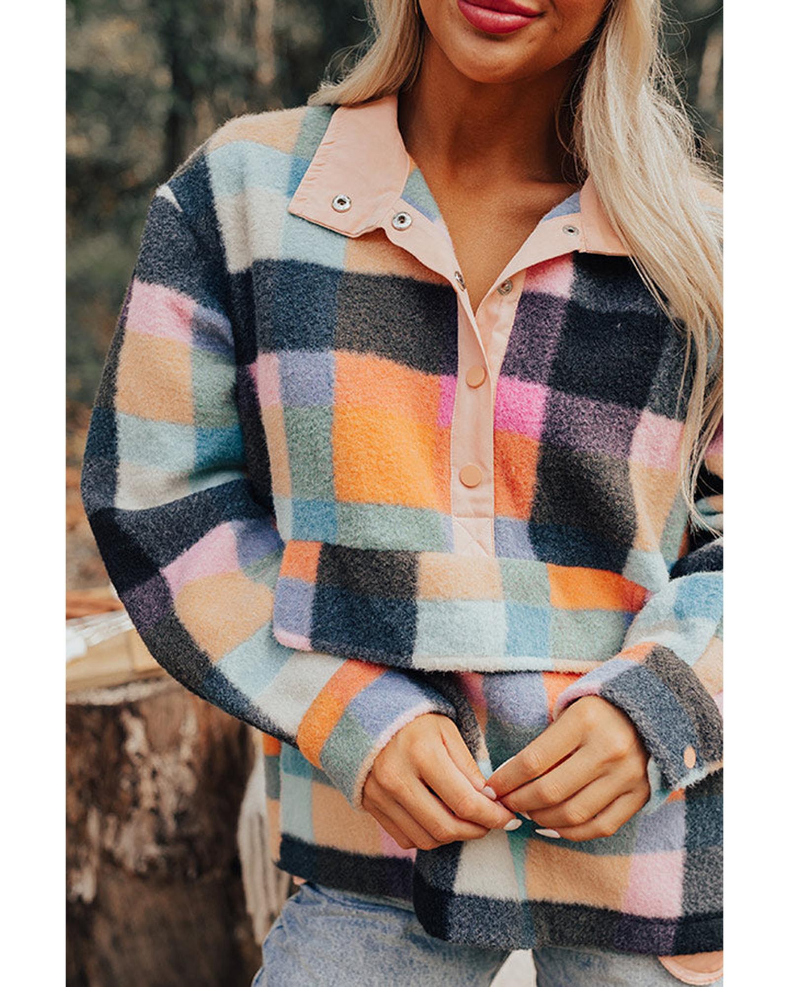 V539-AZEXDC25317551-P222-M-202508280155-00 Black Plaid Print Pocketed Half Button Collared Sweatshirt - M - Image 1