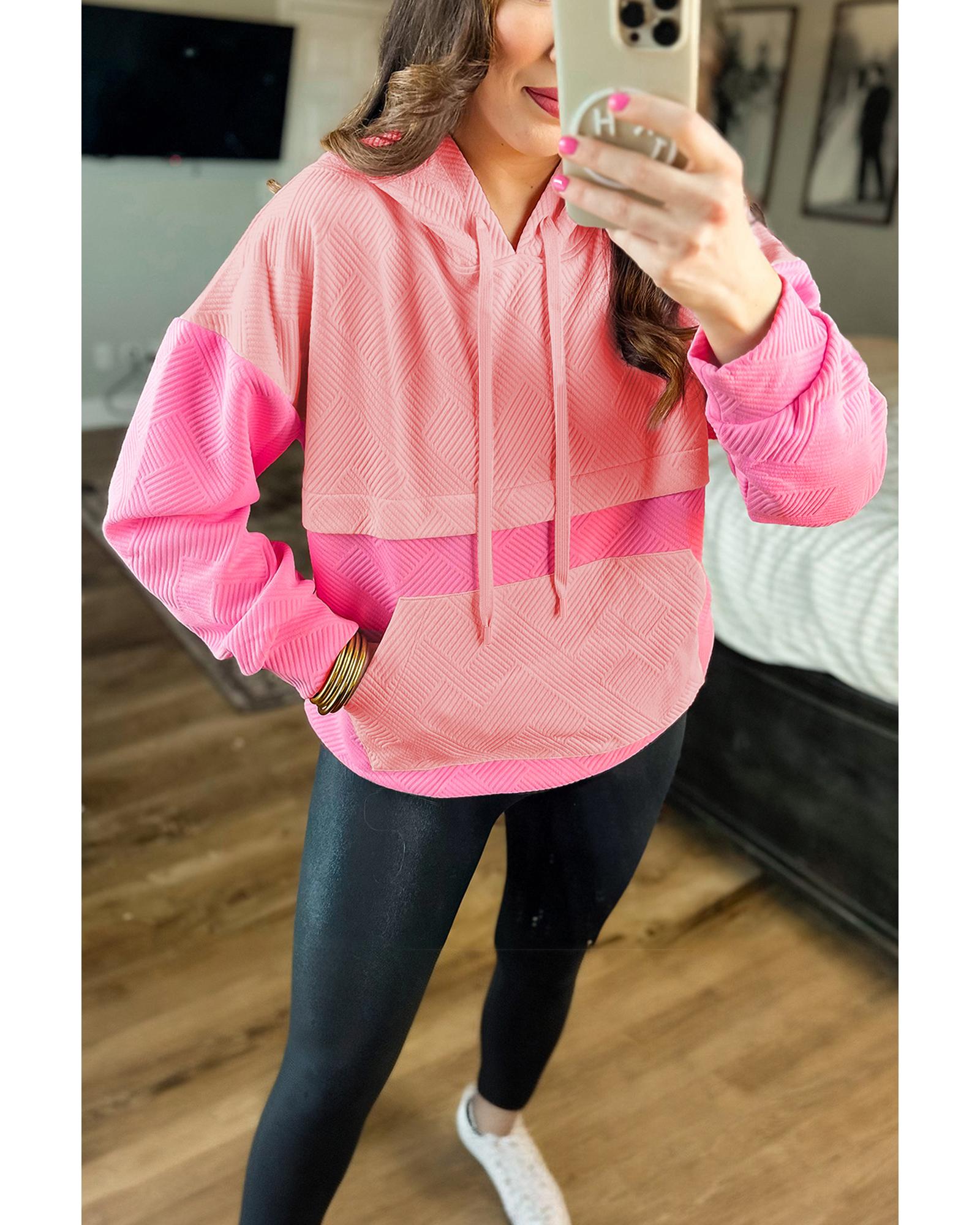 V539-AZEXDC25317609-P10-XL-202508300640-00 Pink Textured Color Block Kangaroo Pocket Drop Shoulder Hoodie - XL - Image 1