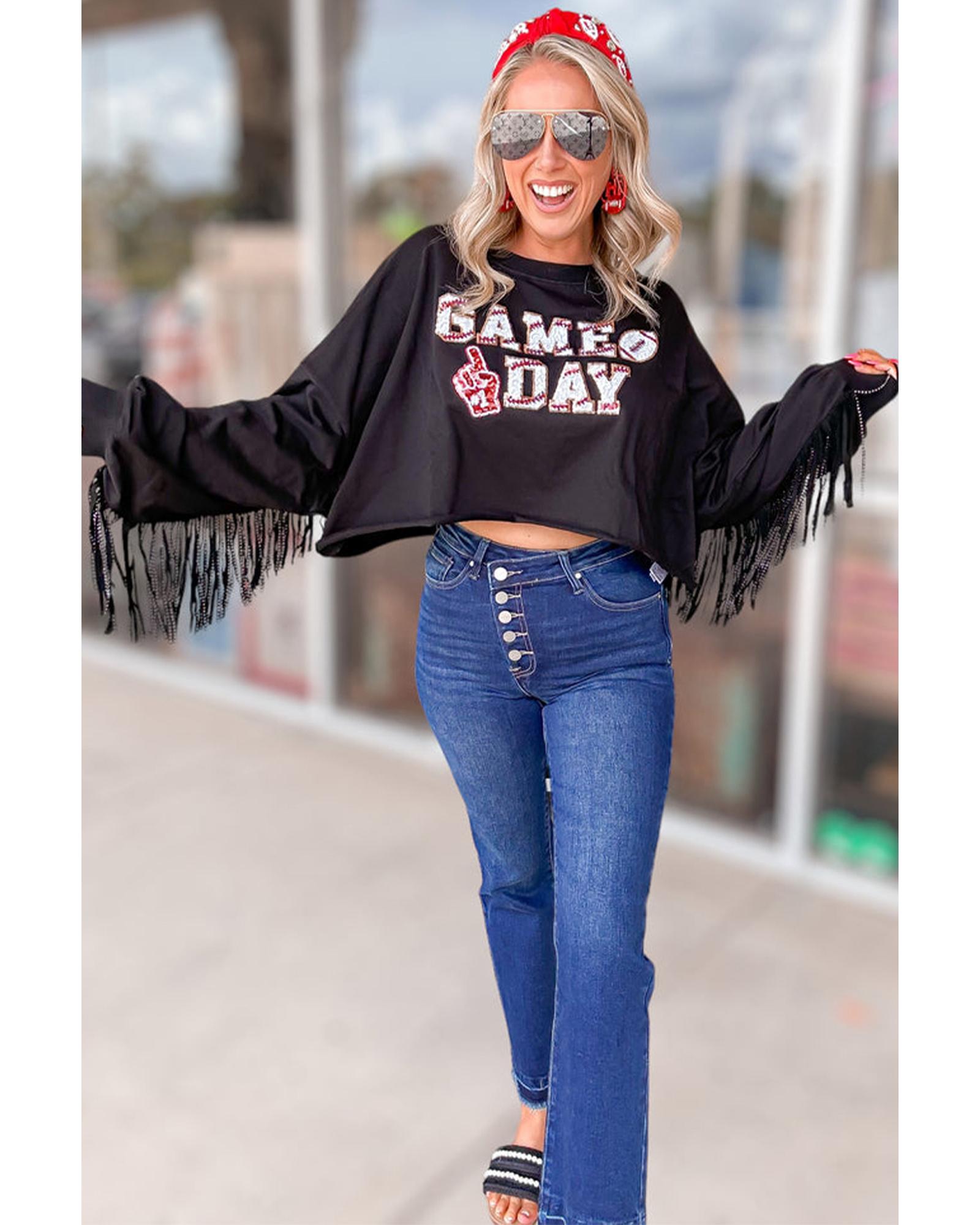V539-AZEXDC25317640-P2-XL-202508282120-00 Black GAME DAY Rugby Sequined Tasseled Cropped Sweatshirt - XL - Image 1