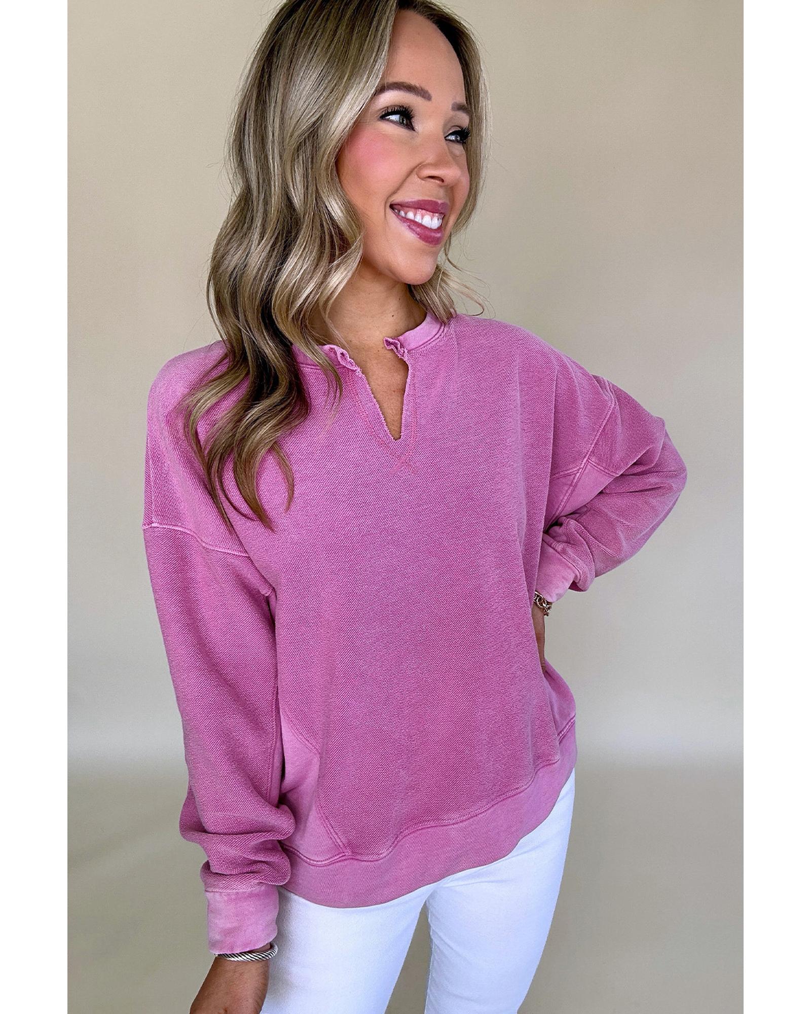 V539-AZEXDC25317697-P106-L-202508292020-00 Bright Pink Solid Color Notched Neck Drop Shoulder Sweatshirt - L - Image 1