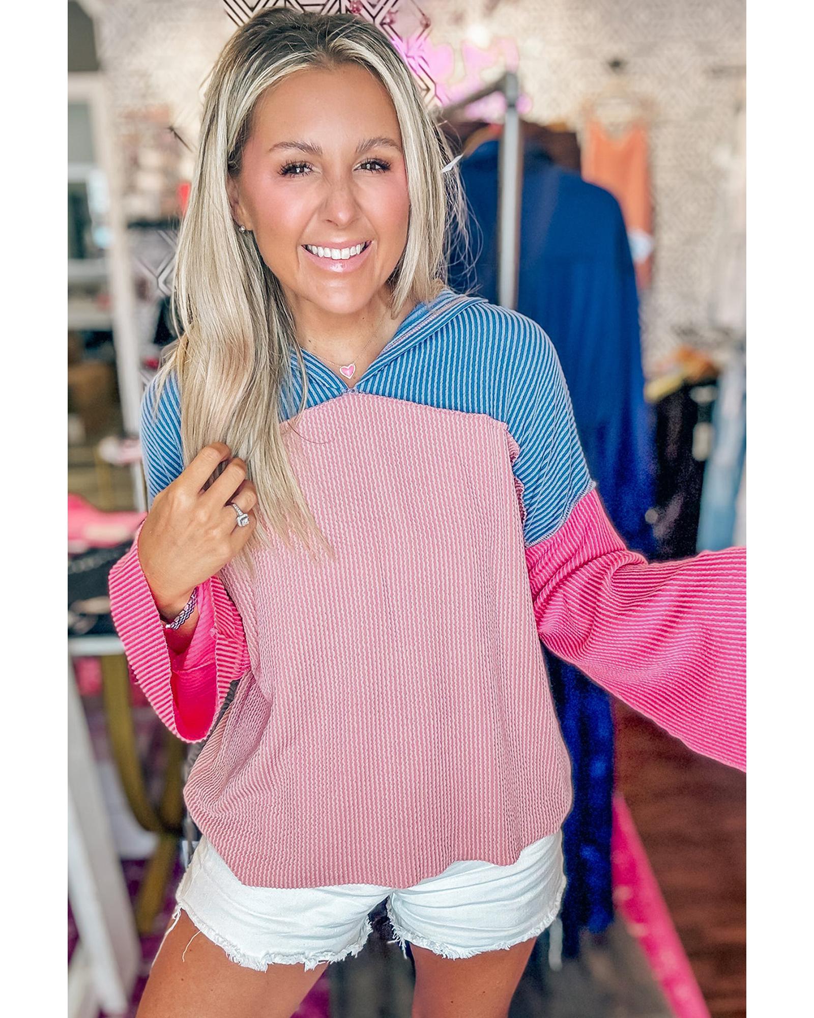 V539-AZEXDC25317723-P1022-XL-202508282255-00 Pink Color Block Patchwork Corded Knit Loose Fit Hooded Blouse - XL - Image 1