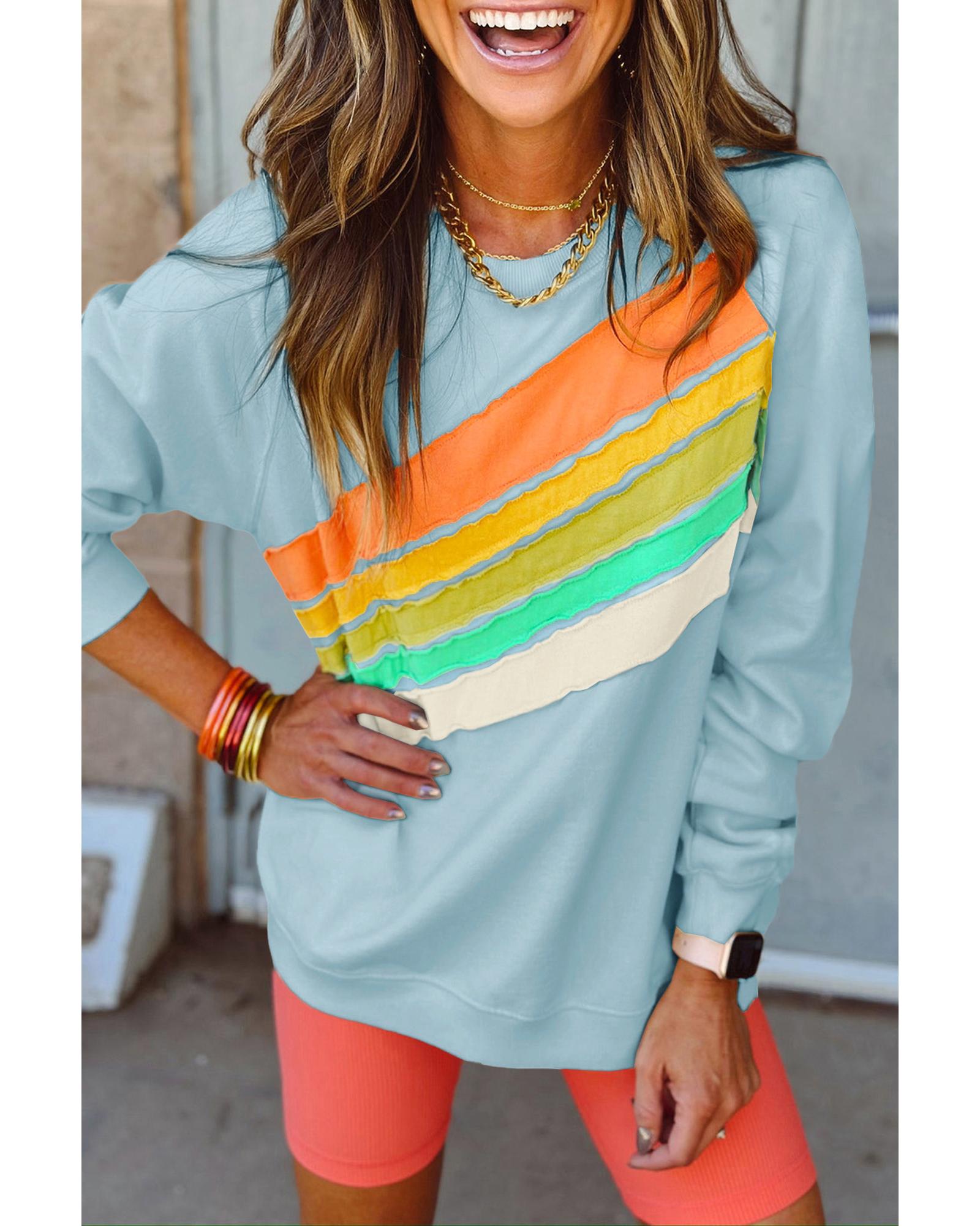 V539-AZEXDC25317732-P804-XL-202508280735-00 Beau Blue Rainbow Colorblock Striped Pullover Sweatshirt - XL - Image 1