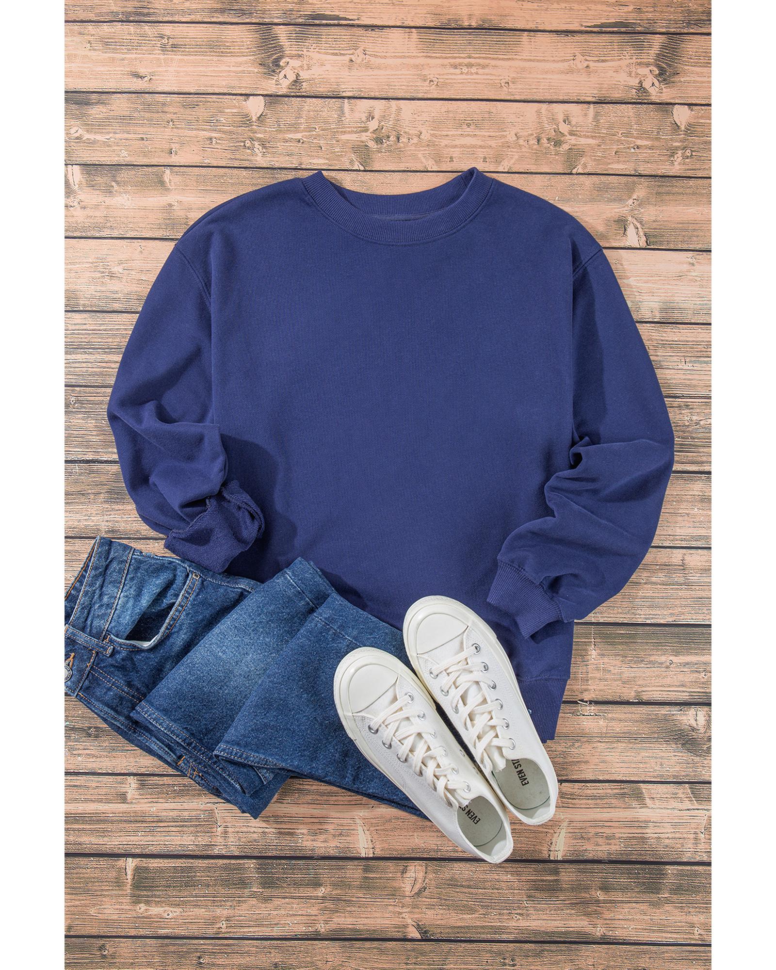 V539-AZEXDC25317836-P605-L-202508300300-00 Navy Blue Plain Drop Shoulder Crewneck Pullover Sweatshirt - L - Image 1