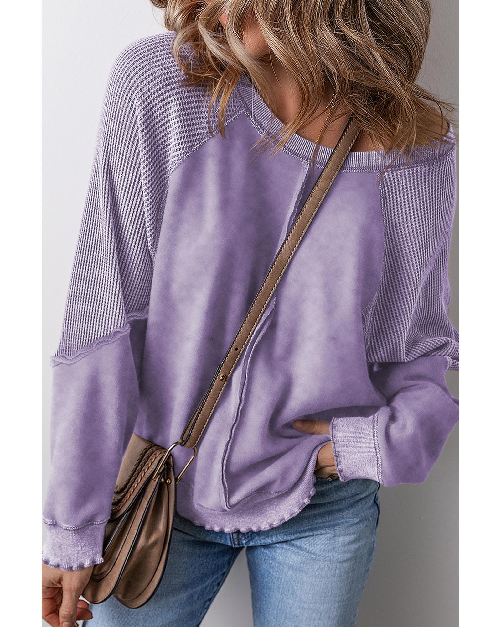 V539-AZEXDC25317848-P708-S-202506130521-00 Orchid Petal Solid Waffle Knit Patchwork Raglan Sleeve Sweatshirt - S - Image 1