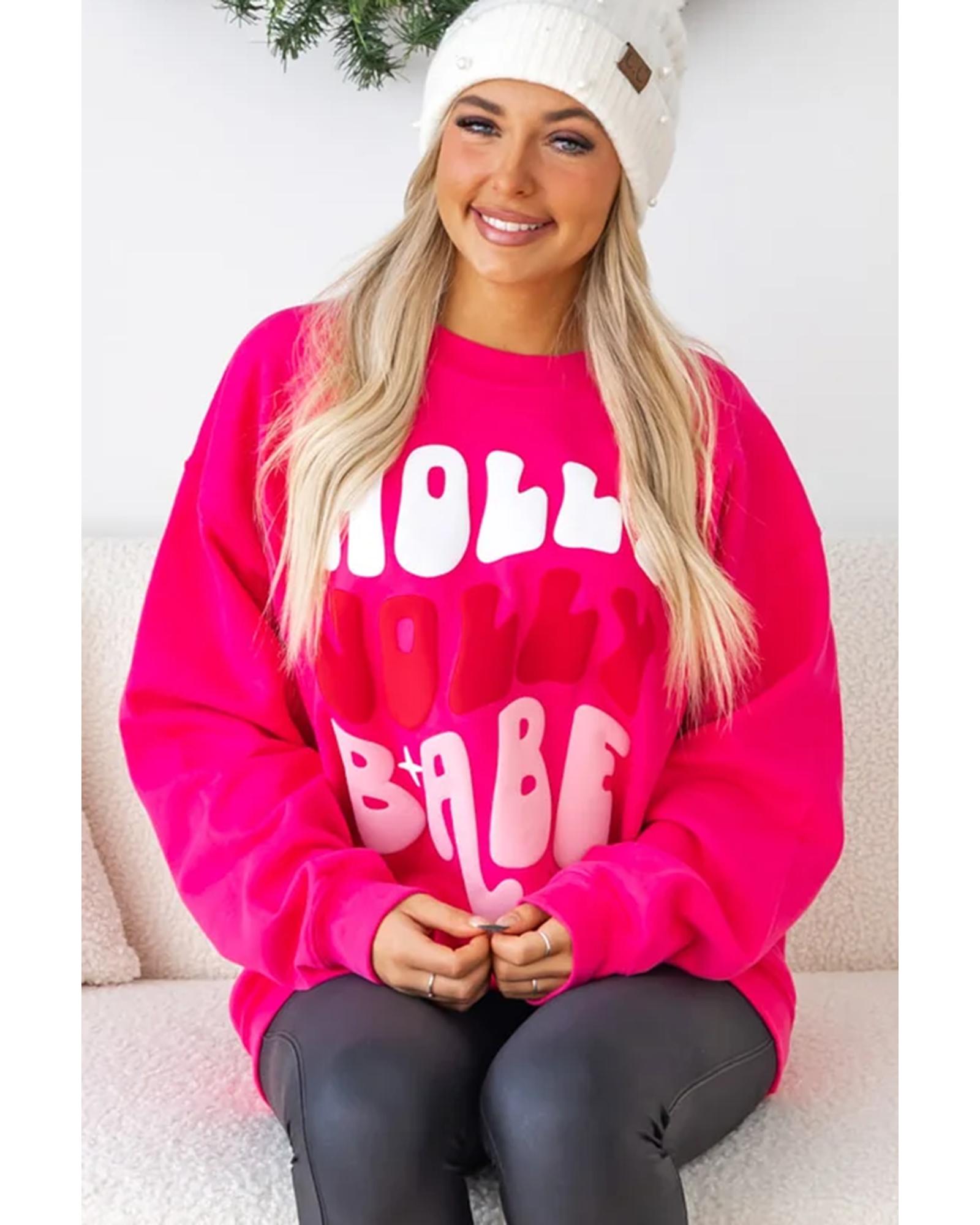 V539-AZEXDC25317883-P6-L-202508272030-00 Rose Red Christmas Holly Jolly Babe Graphic Oversized Sweatshirt - L - Image 1
