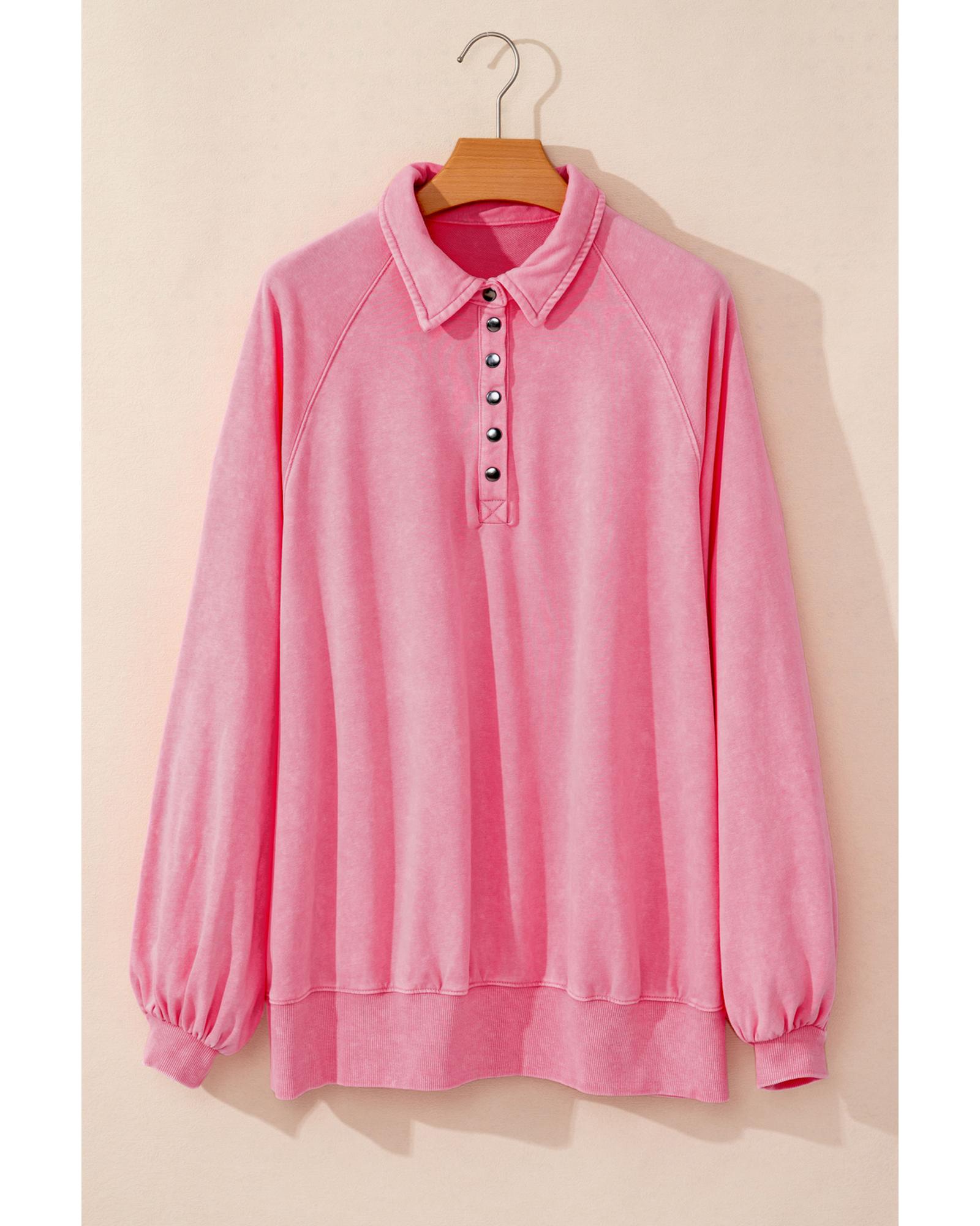 V539-AZEXDC25317887-10-L-202508270425-00 Pink Solid Snap Buttons Collared Balloon Sleeve Oversized Sweatshirt - L - Image 1