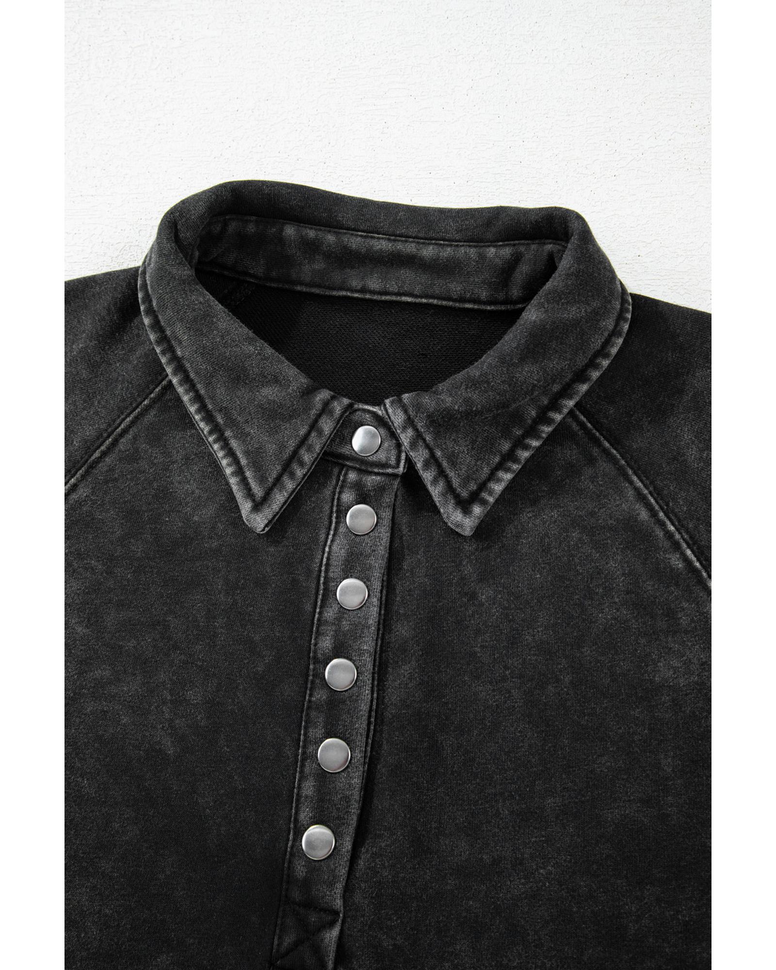 V539-AZEXDC25317887-2-XL-202508271640-00 Black Solid Snap Buttons Collared Balloon Sleeve Oversized Sweatshirt - XL - Image 1